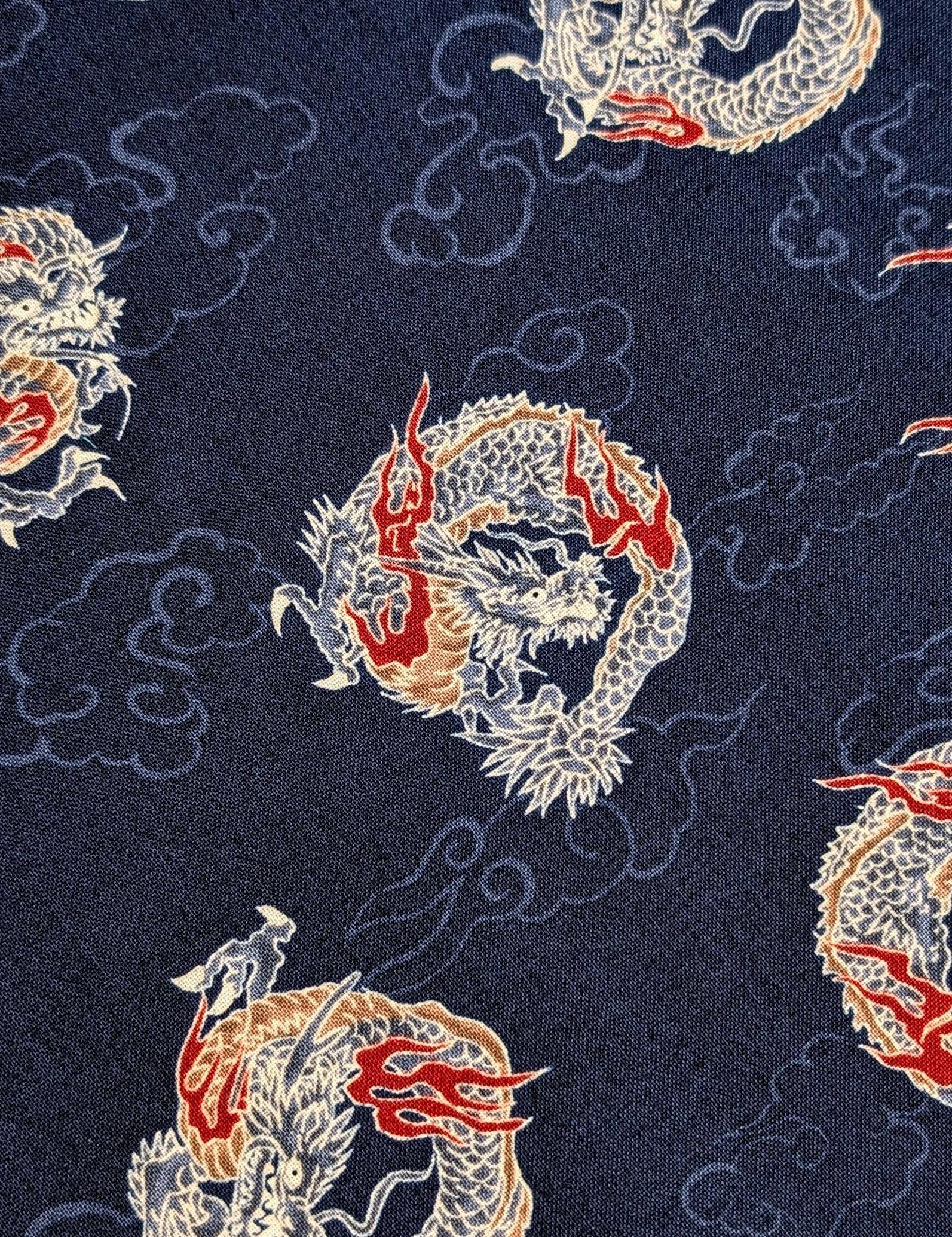 Hishiei - Circling Dragons Cotton Fabric - Navy Blue