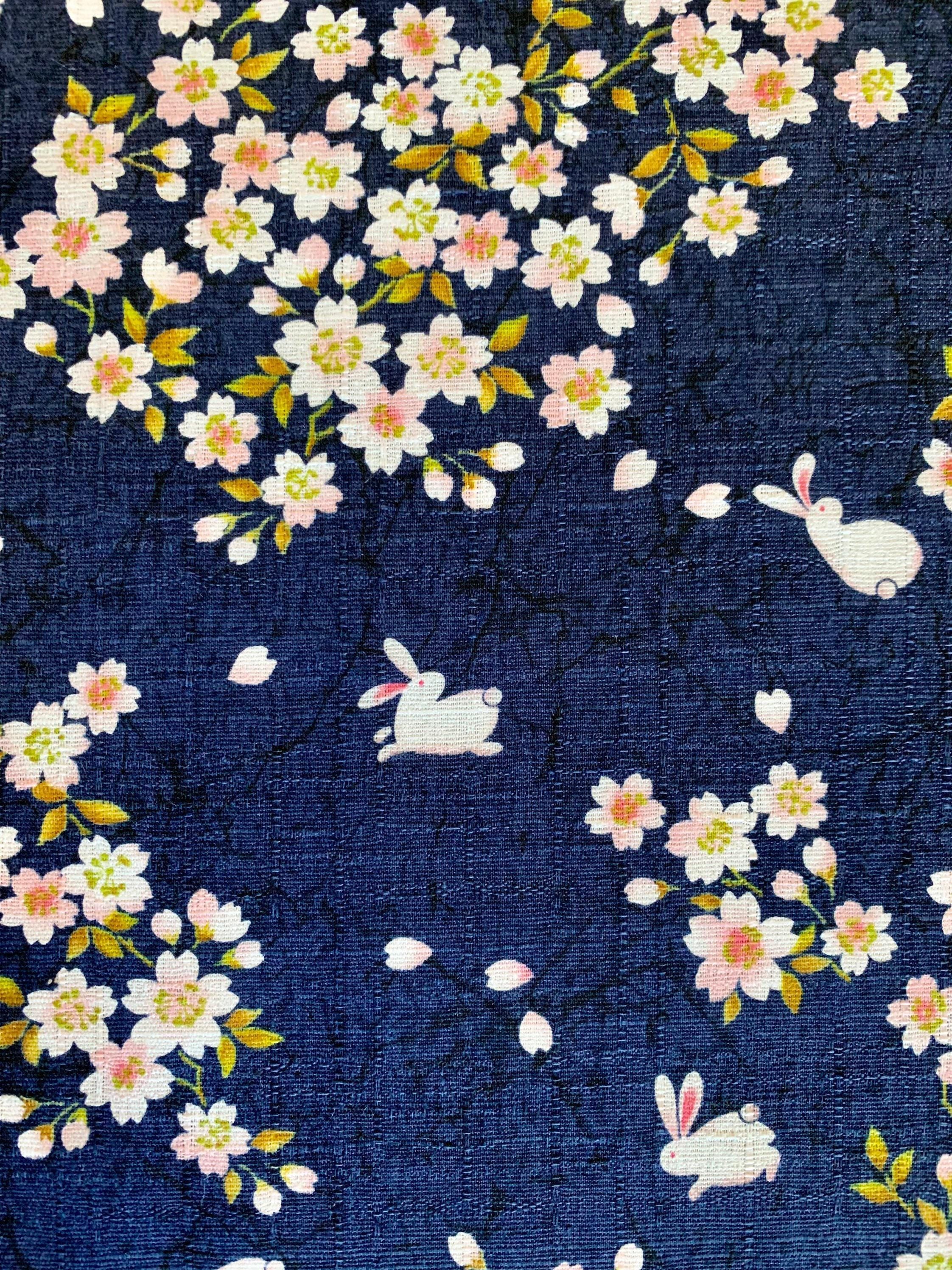 Usagi Sakura Rabbit Cherry Blossom Morikiku Japanese cotton dobby fabric M-1100-1C navy blue