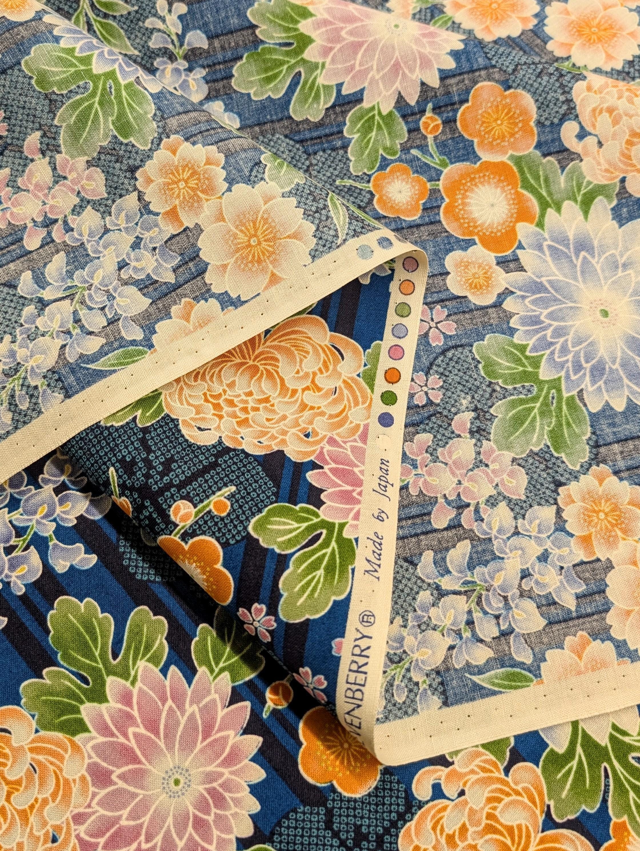Sevenberry - Striped Shibori Flowers Cotton Fabric - Blue