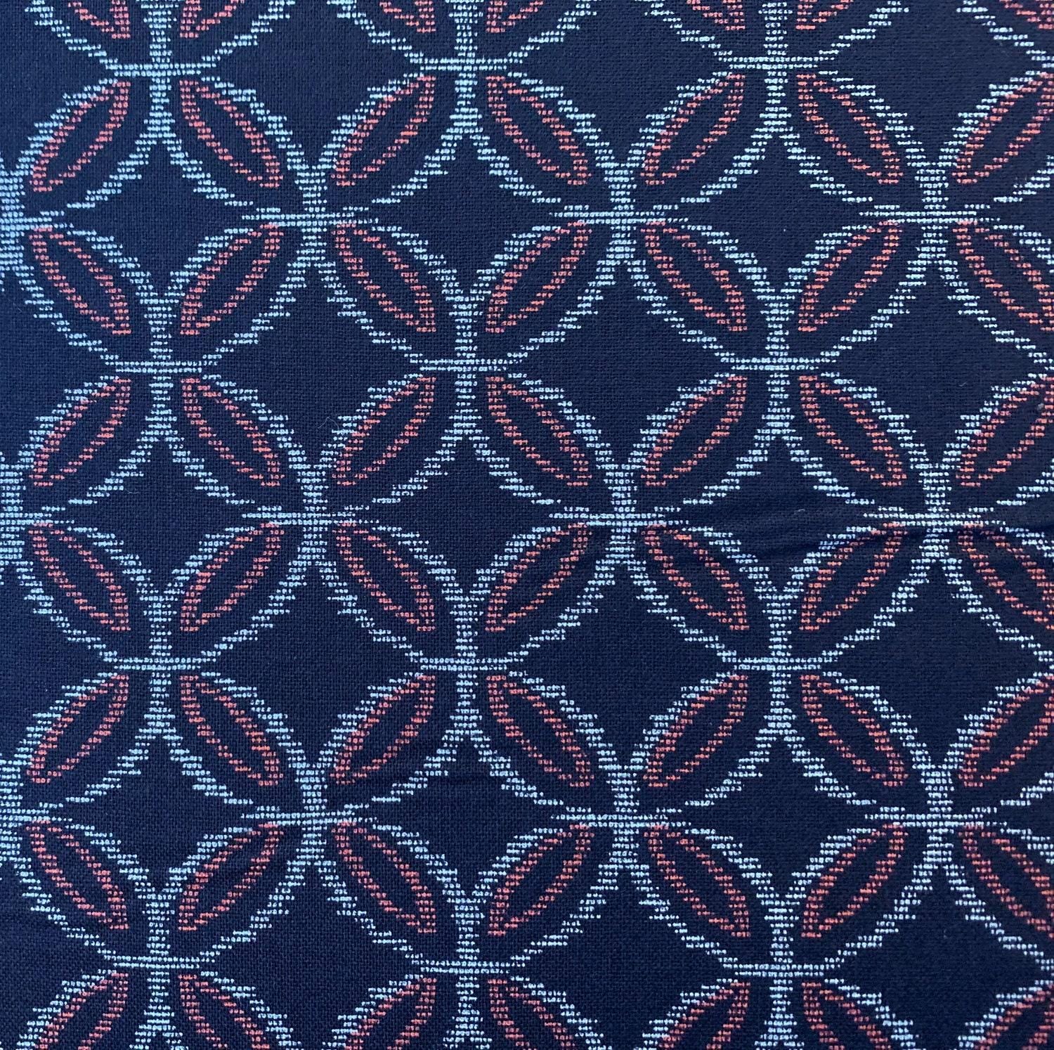 Sevenberry - Printed Ikat Kasuri Shippou Circles Cotton Fabric - Navy Orange