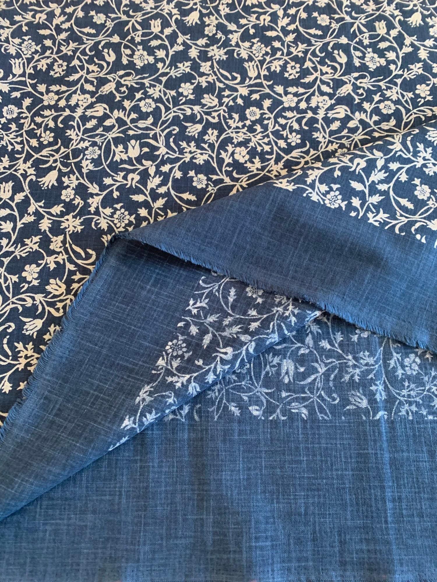 Kurenai - Hand Stenciled Flower Garden Cotton - Blue Beige