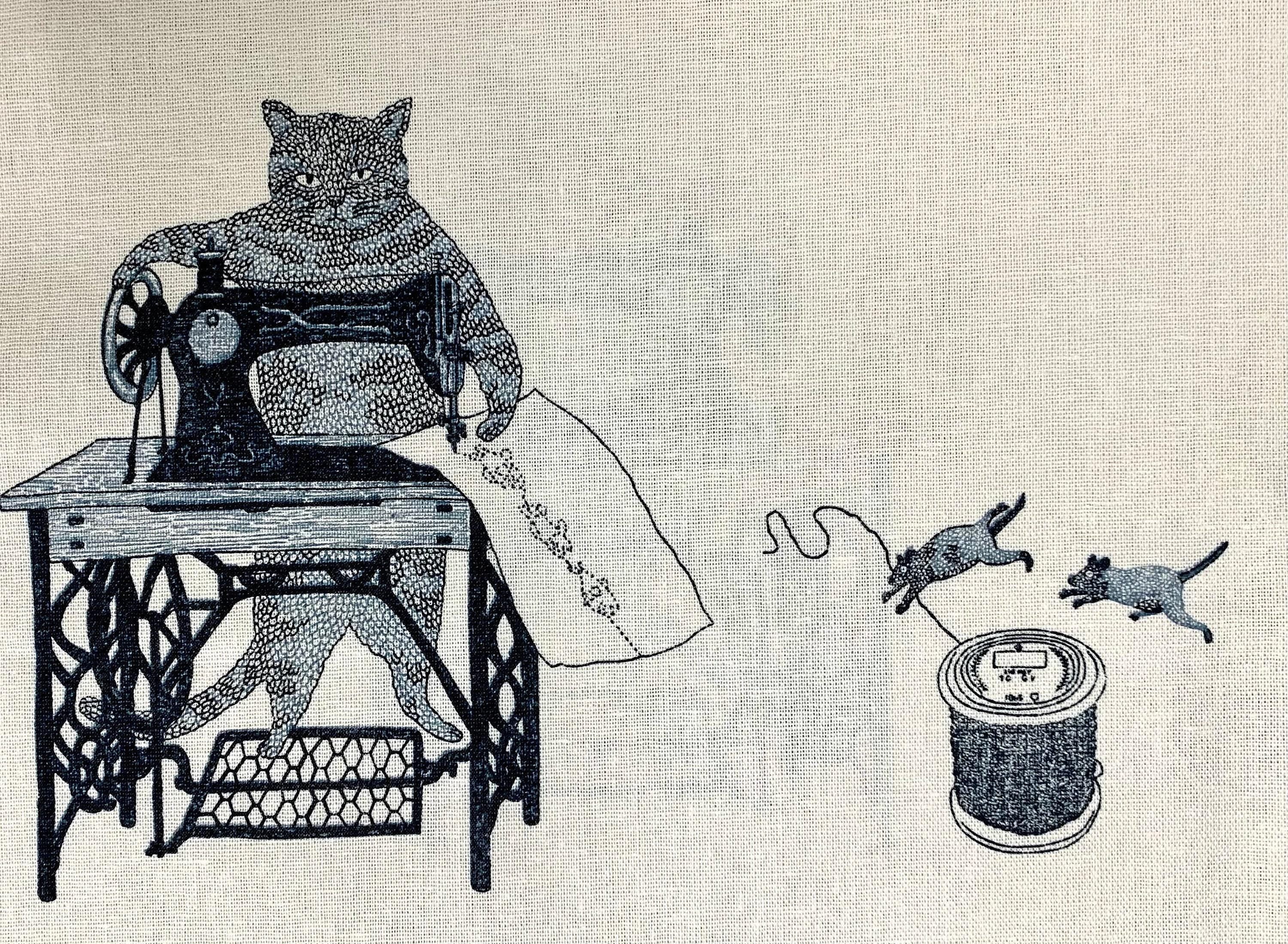 Purr-fect Stitches Cats with Sewing Machines Japanese cotton linen blend canvas 148-1800-1 off-white black blue