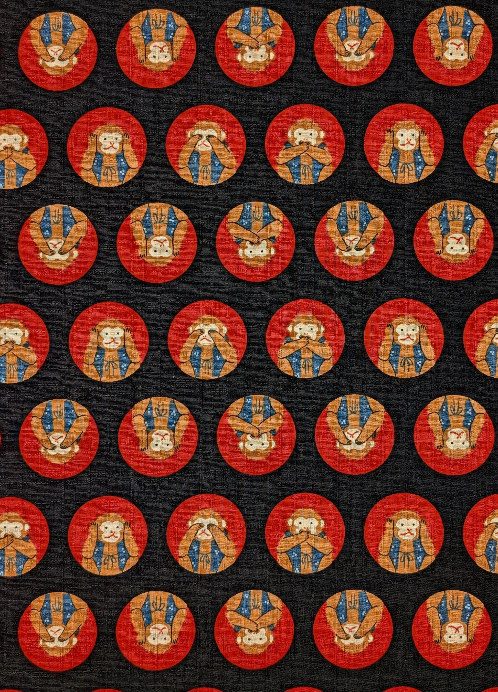 Hokkoh - Three Wise Monkeys Cotton Dobby - Black