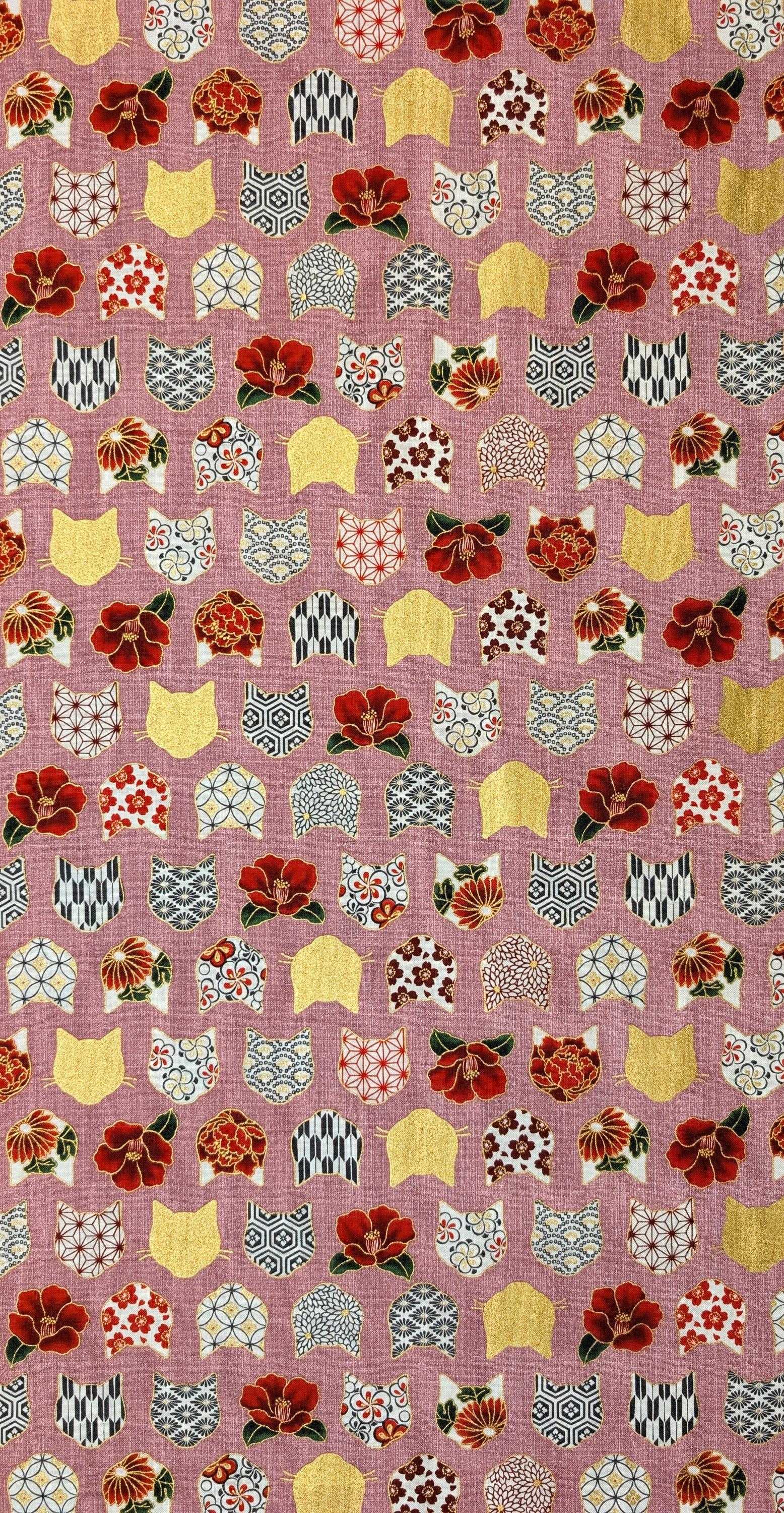 QuiltGate - Hyakka Ryoran Patterned Cats Cotton Fabric - Pink