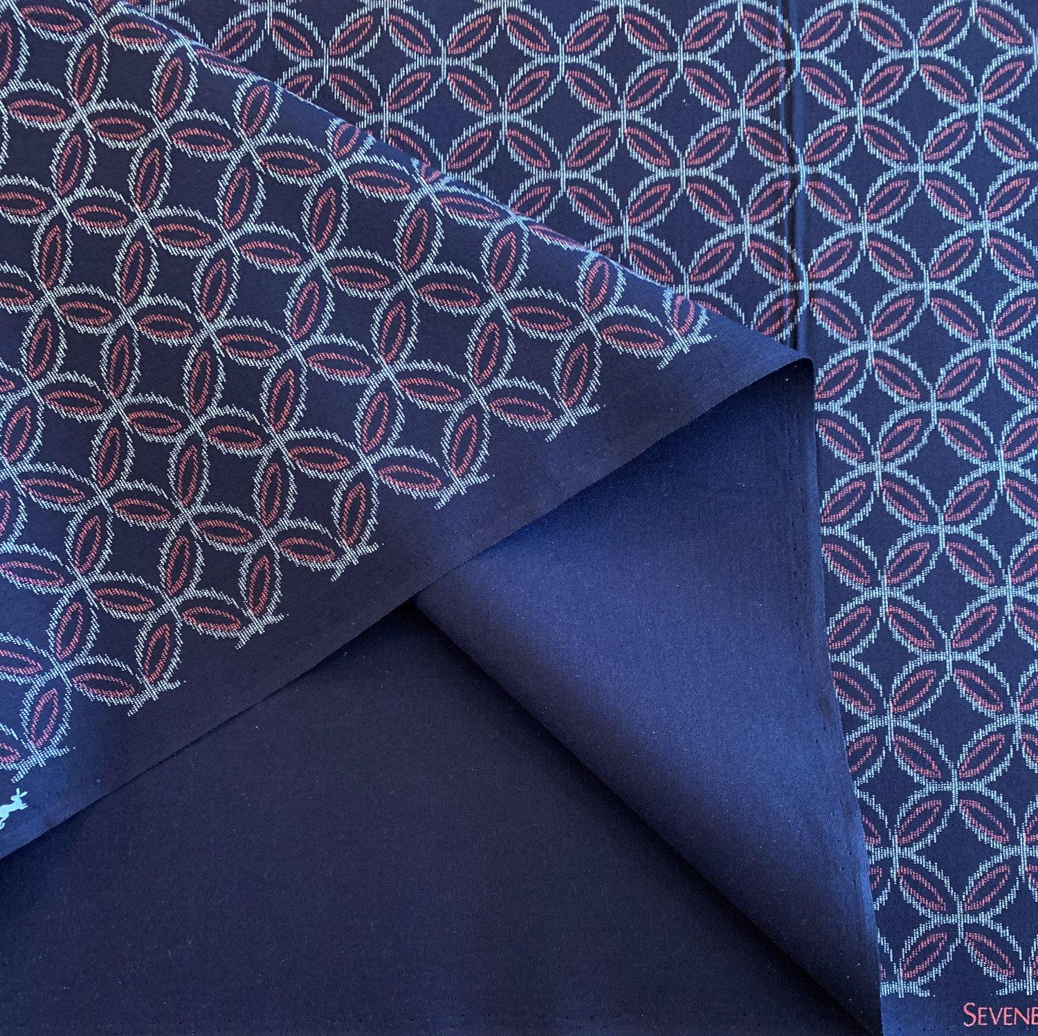 Sevenberry - Printed Ikat Kasuri Shippou Circles Cotton Fabric - Navy Orange
