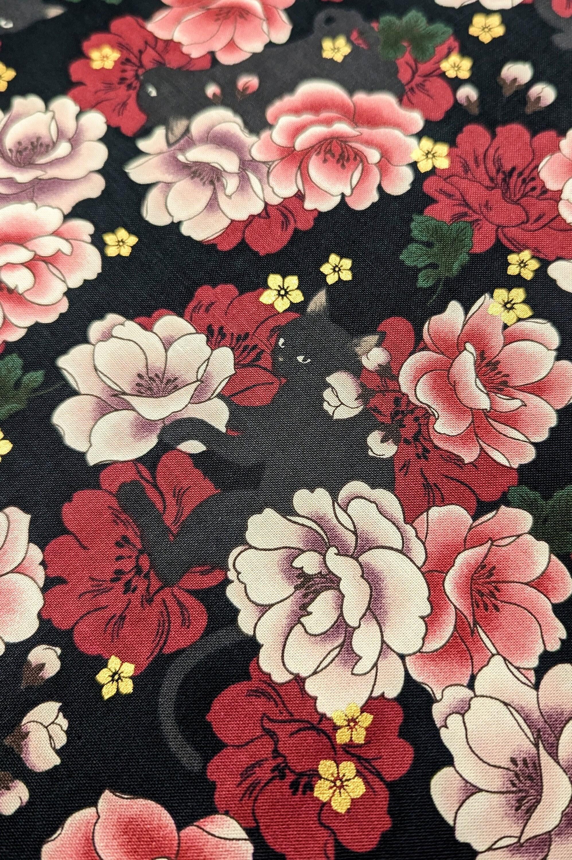 QuiltGate - Hyakka Ryoran Blossoming Cats Cotton Fabric - Black