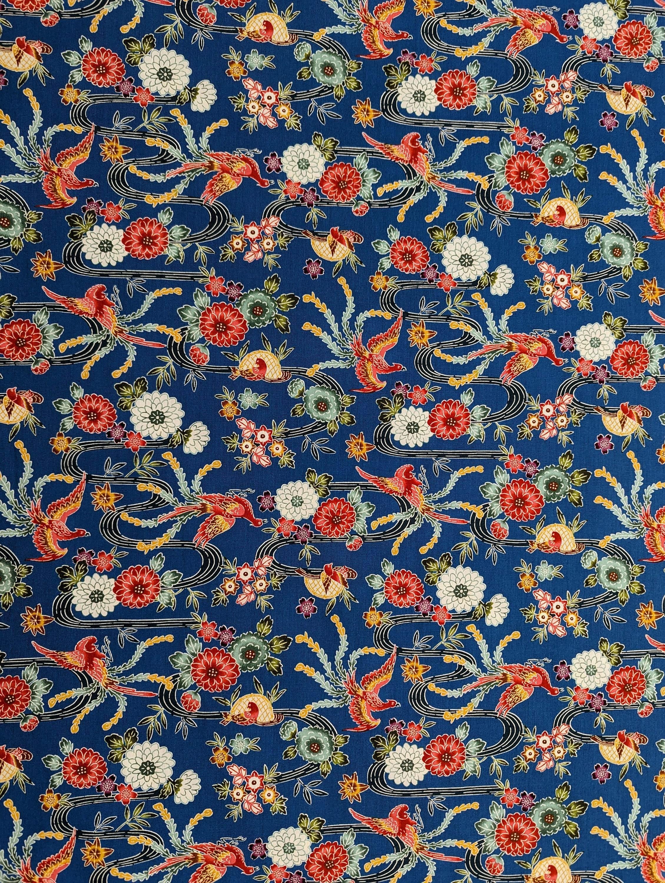 Cosmo - Bingata Phoenix and Flowers Cotton - Blue