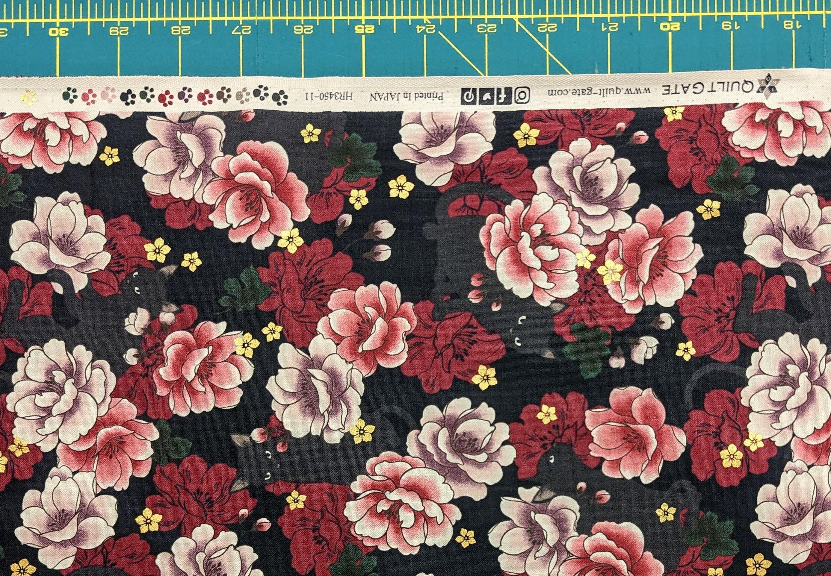 QuiltGate - Hyakka Ryoran Blossoming Cats Cotton Fabric - Black