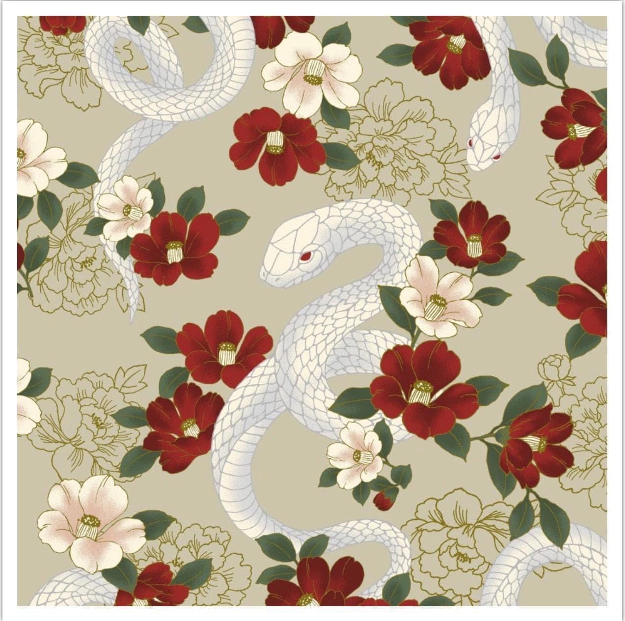 QuiltGate - Hyakka Ryoran Year of the Snake Cotton Fabric - Cream Beige