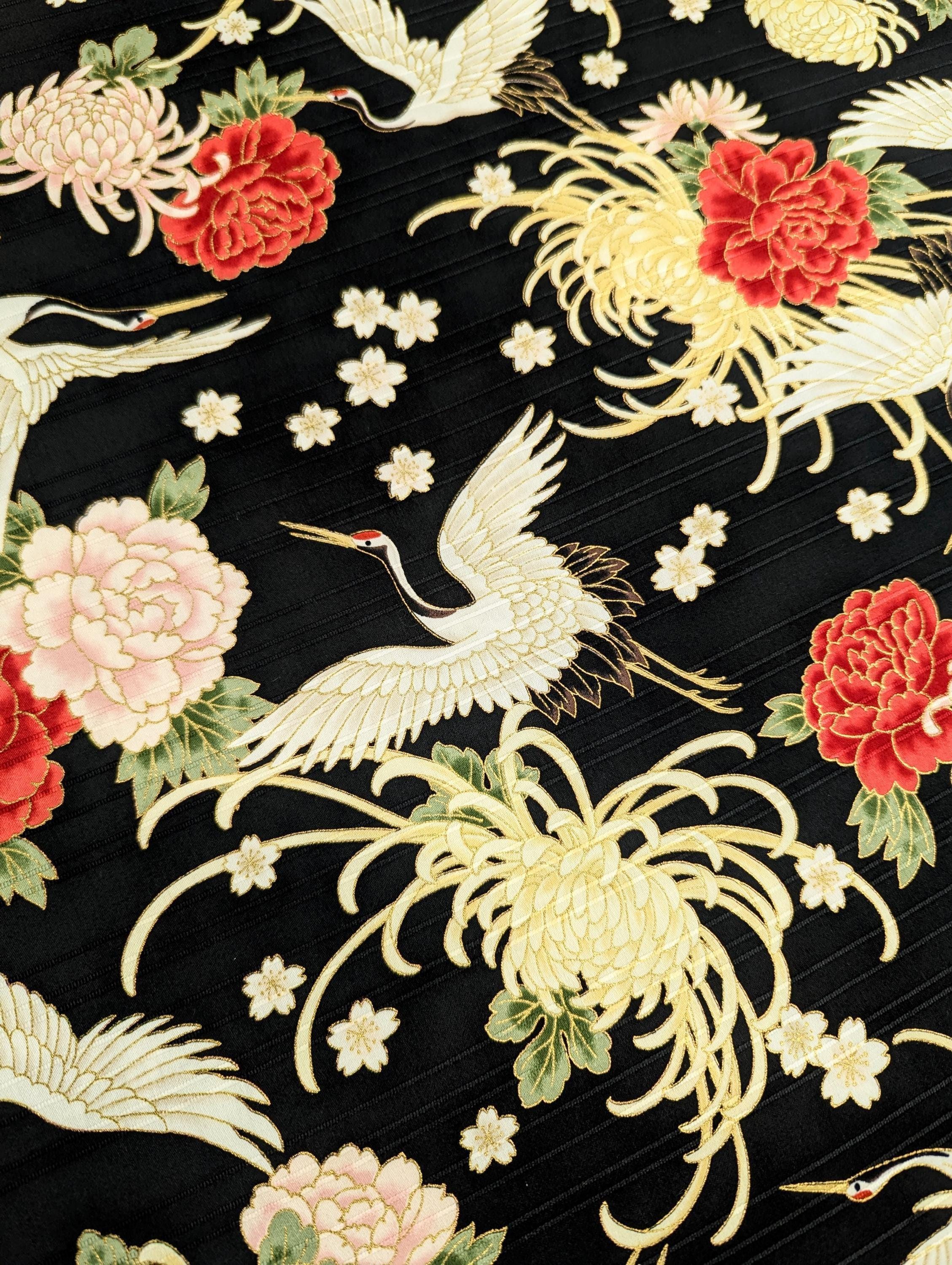 Cosmo - Cranes and Flowers Cotton Shantung - Black
