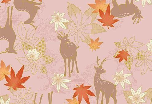 QuiltGate - Hyakka Ryoran Deer and Maple Leaf Cotton Fabric - Pink Orange Russet Gold