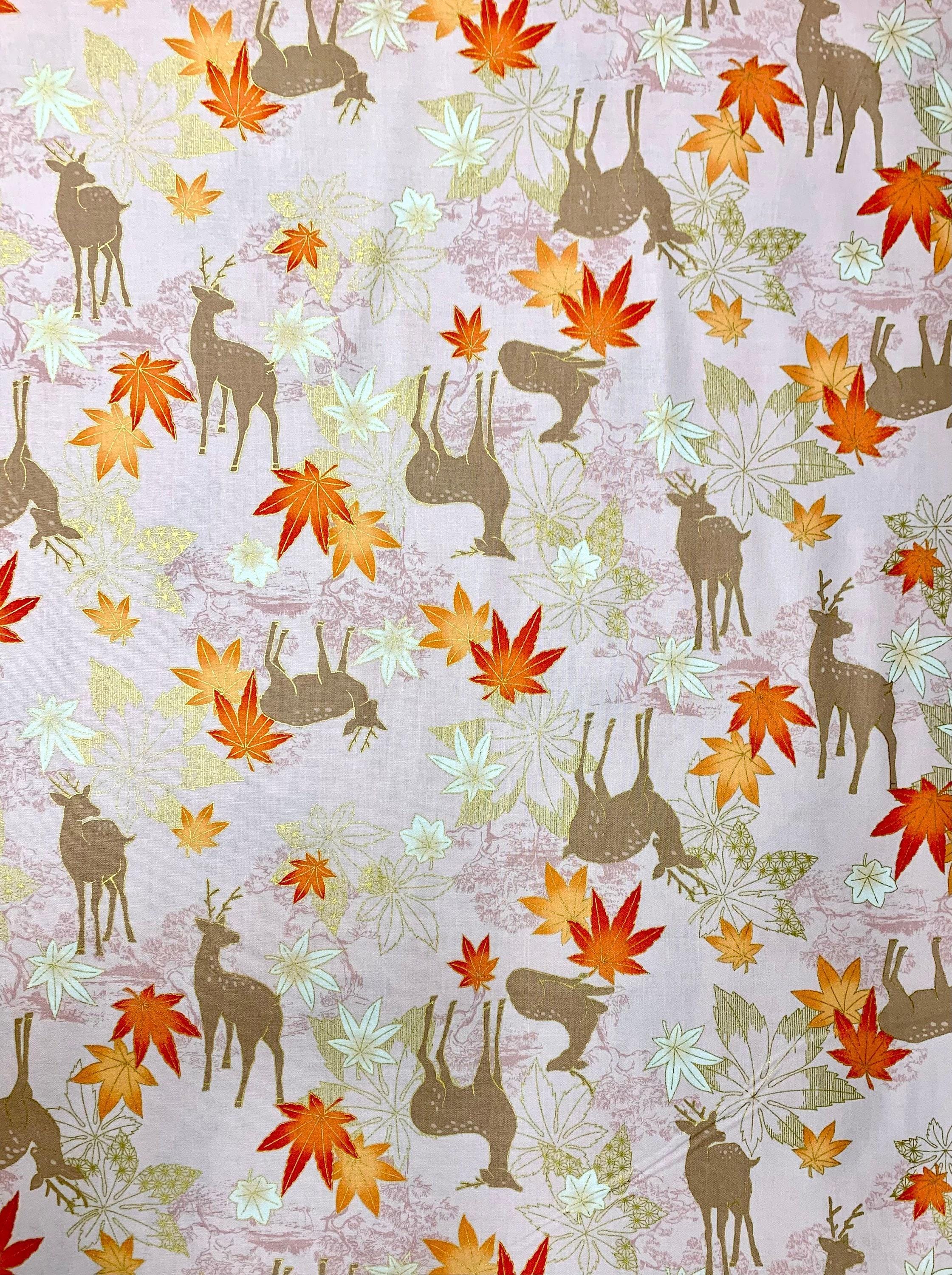 QuiltGate - Hyakka Ryoran Deer and Maple Leaf Cotton Fabric - Pink Orange Russet Gold