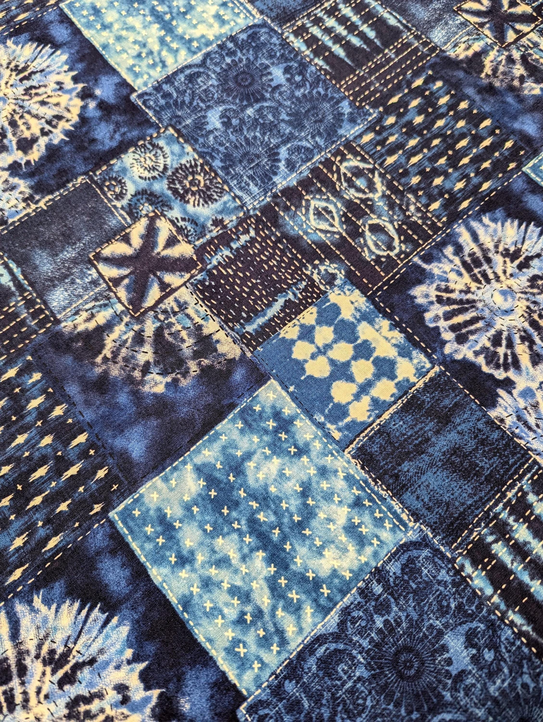 Senyo - Printed Shibori Sashiko Patchwork Cotton Fabric - Medium Blue