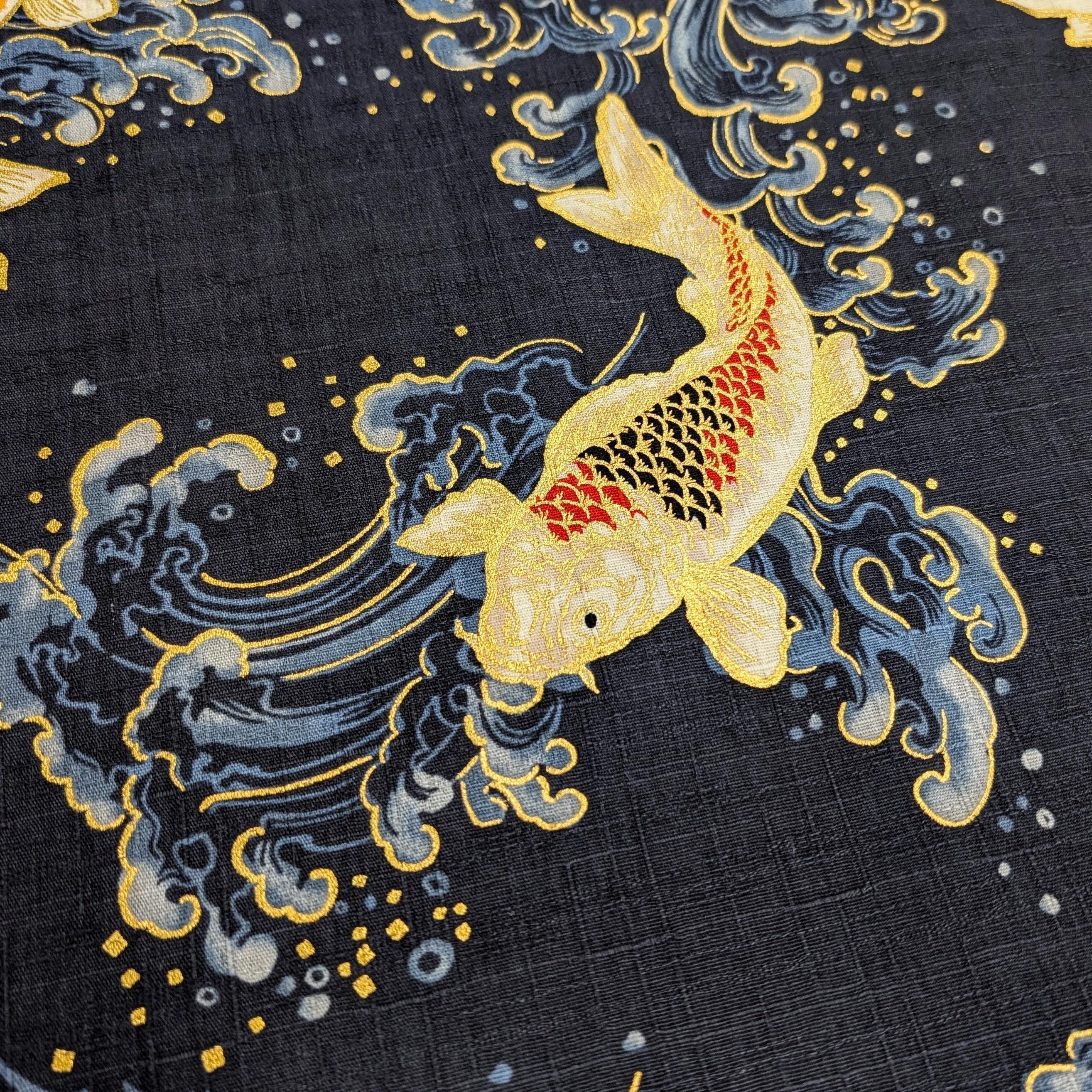 Swimming Golden Koi Hokkoh Japanese cotton dobby fabric 1025-100-2 D navy blue