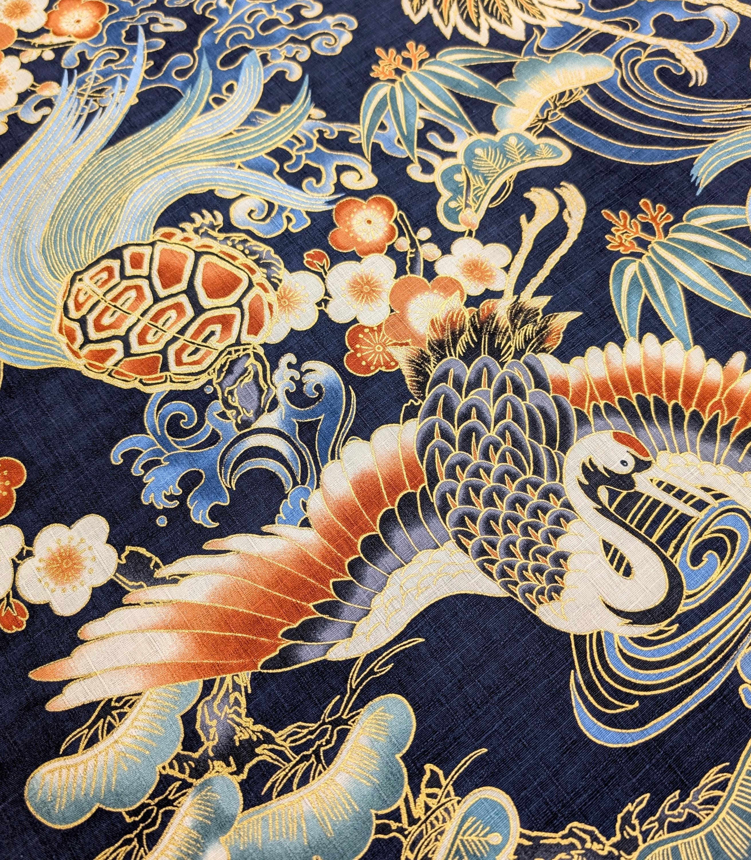 NEW Golden Crane & Minogame Hokkoh Japanese cotton dobby fabric 1025-100-5 D dark navy