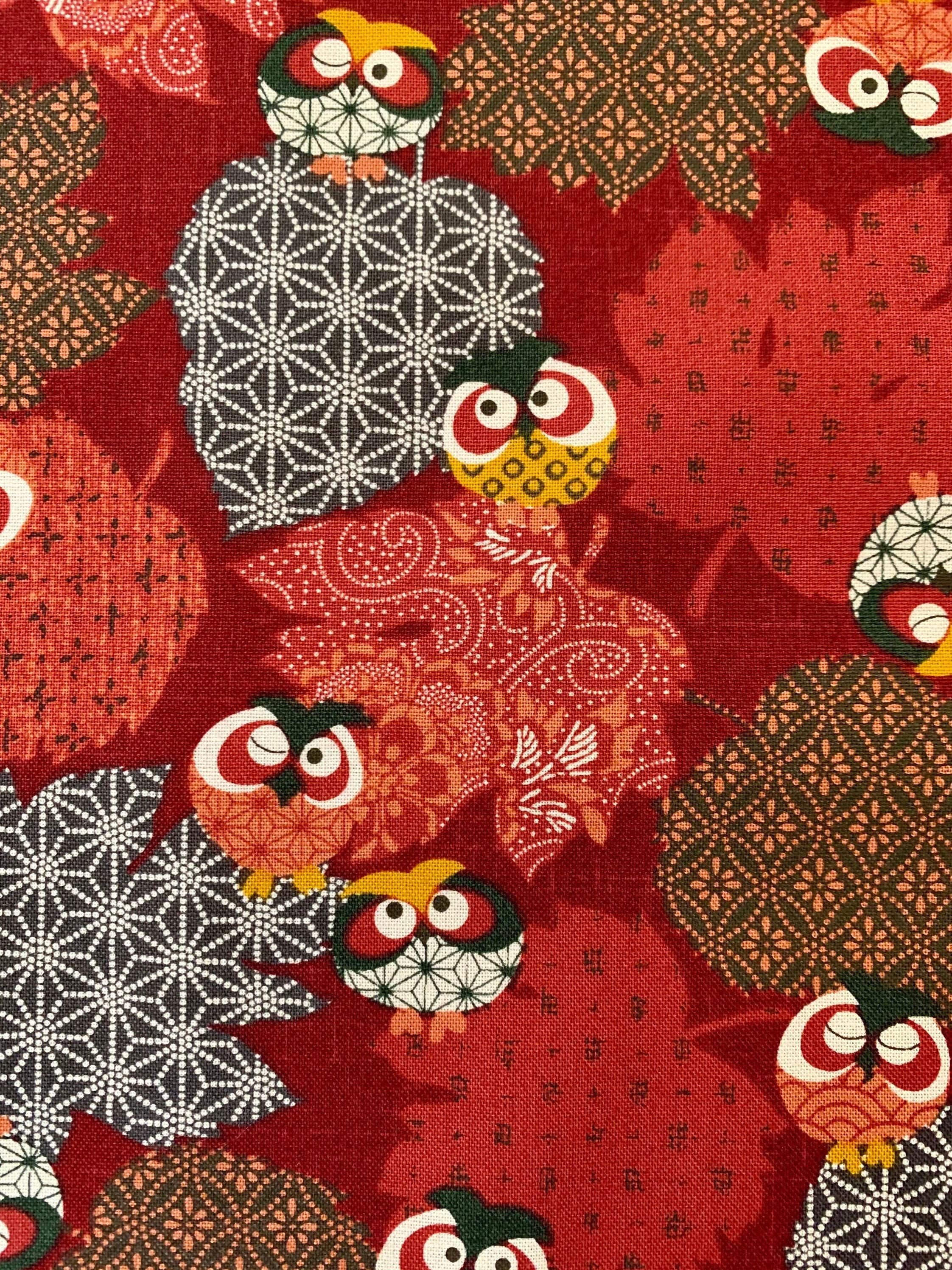 Orimono Imports - Owls and Leaves Cotton Fabric - Red