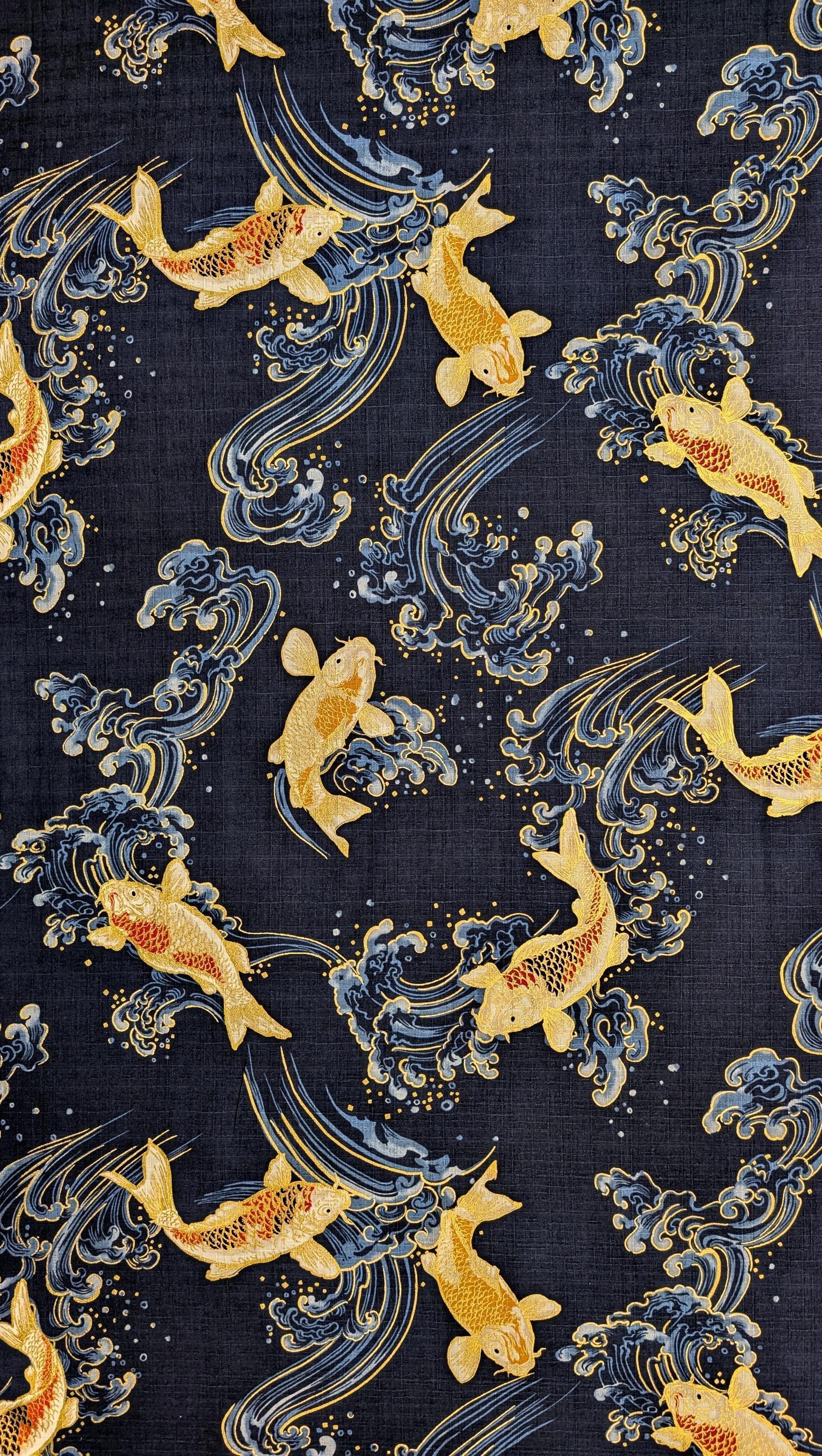 Swimming Golden Koi Hokkoh Japanese cotton dobby fabric 1025-100-2 D navy blue