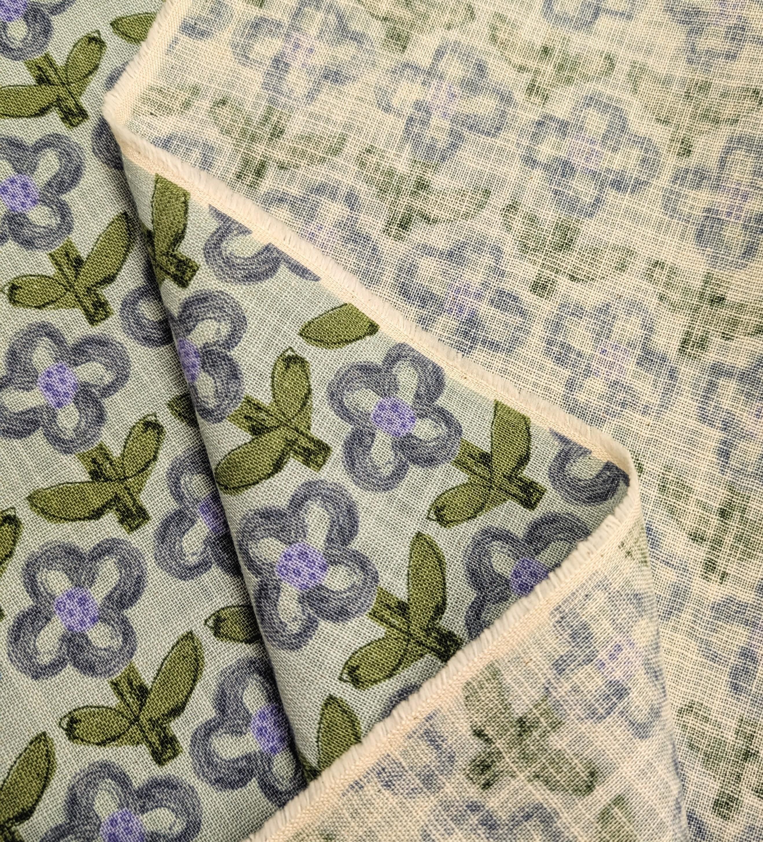 Sevenberry - NEW Standing Flowers rustic Weave Cotton Fabric - Blue and Green
