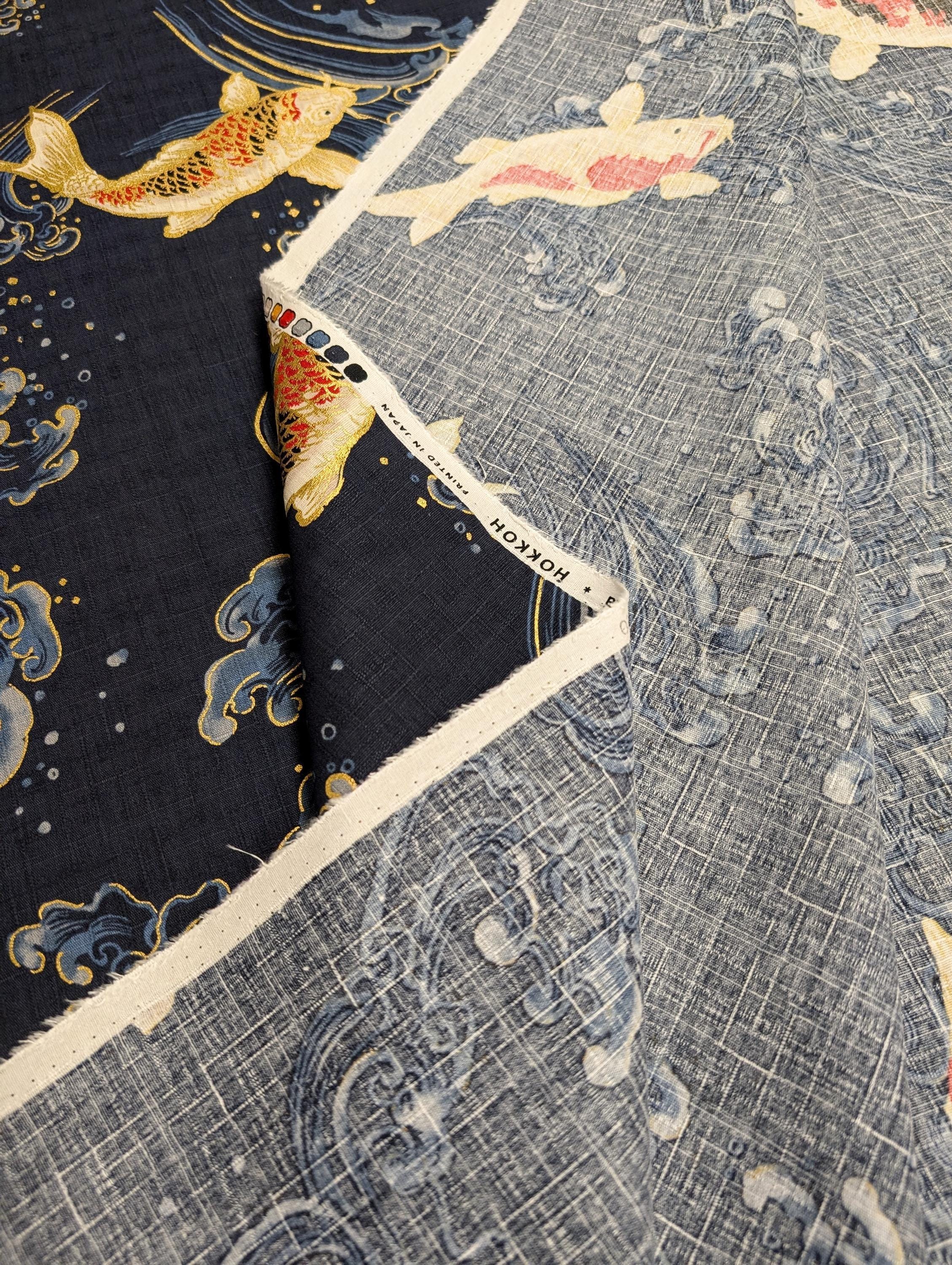 Swimming Golden Koi Hokkoh Japanese cotton dobby fabric 1025-100-2 D navy blue