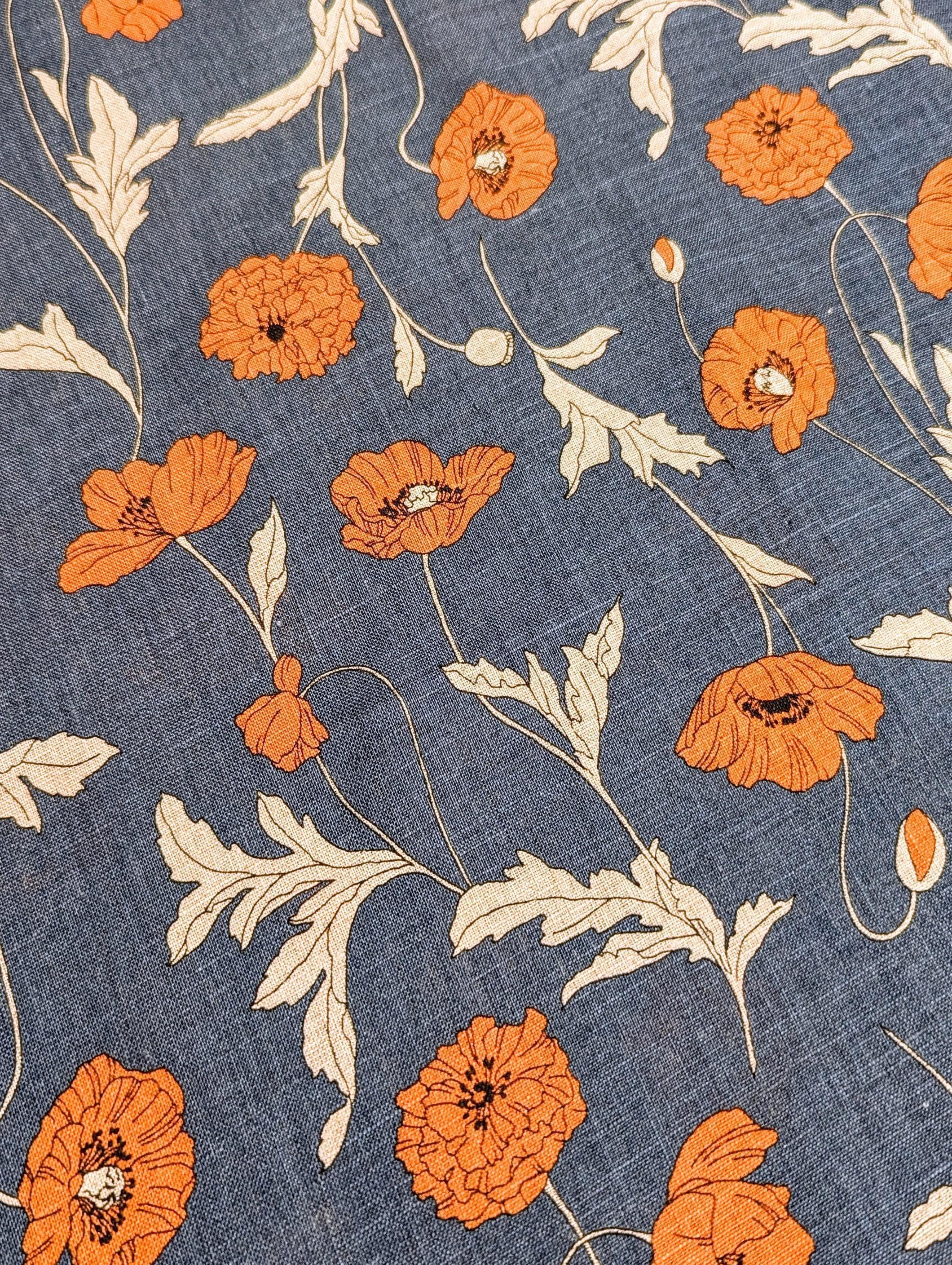 Hokkoh - Summer Poppies Linen Fabric - Blue and Orange