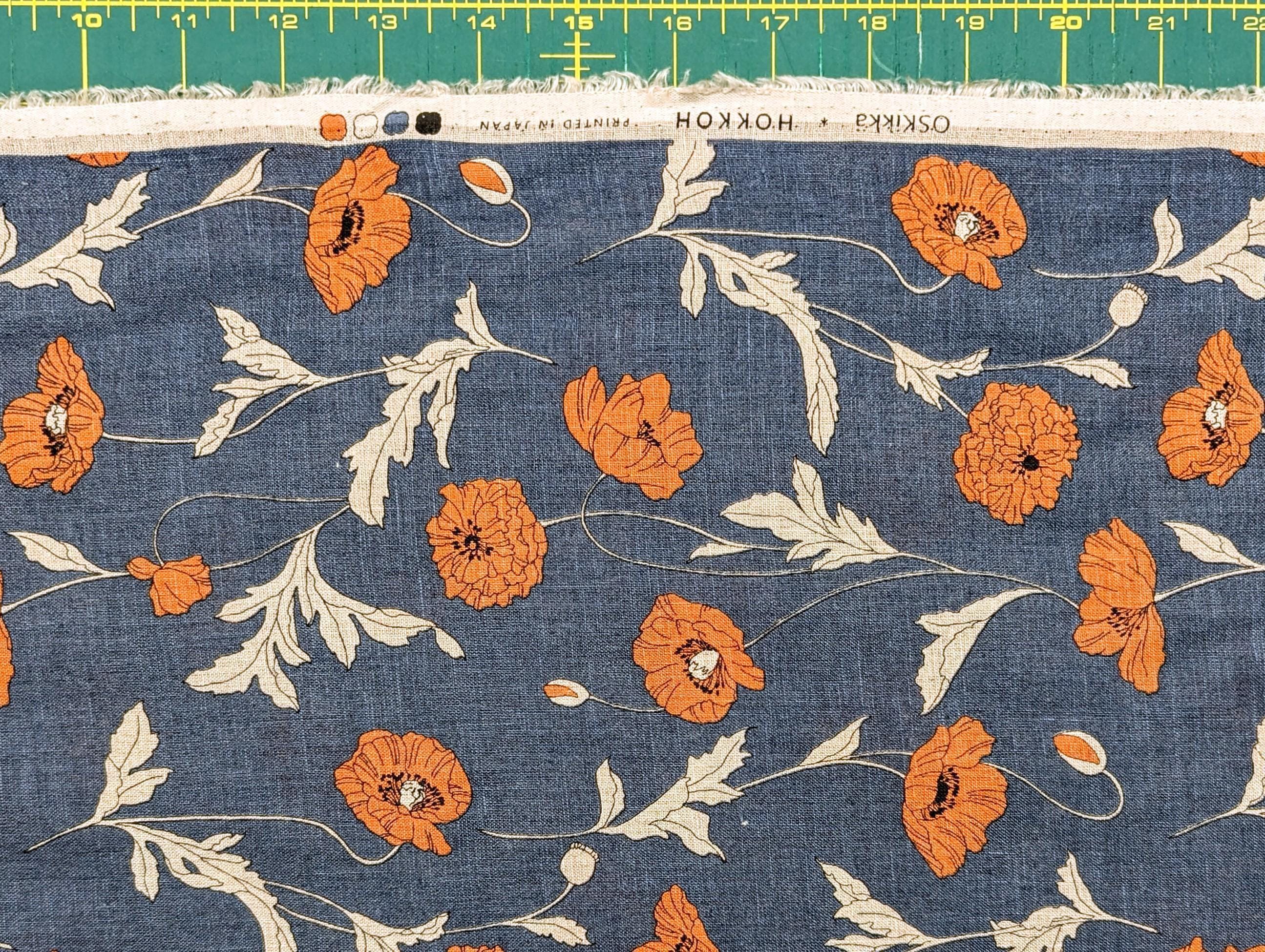 Hokkoh - Summer Poppies Linen Fabric - Blue and Orange