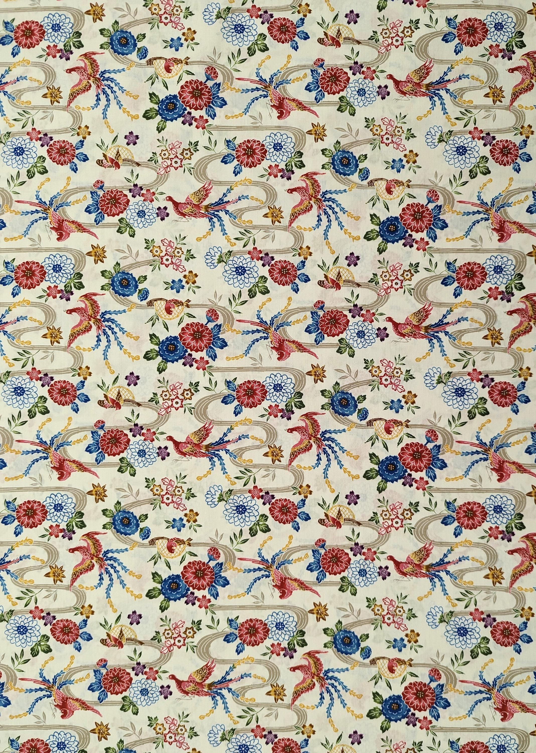 Cosmo - Bingata Phoenix and Flowers Cotton - White