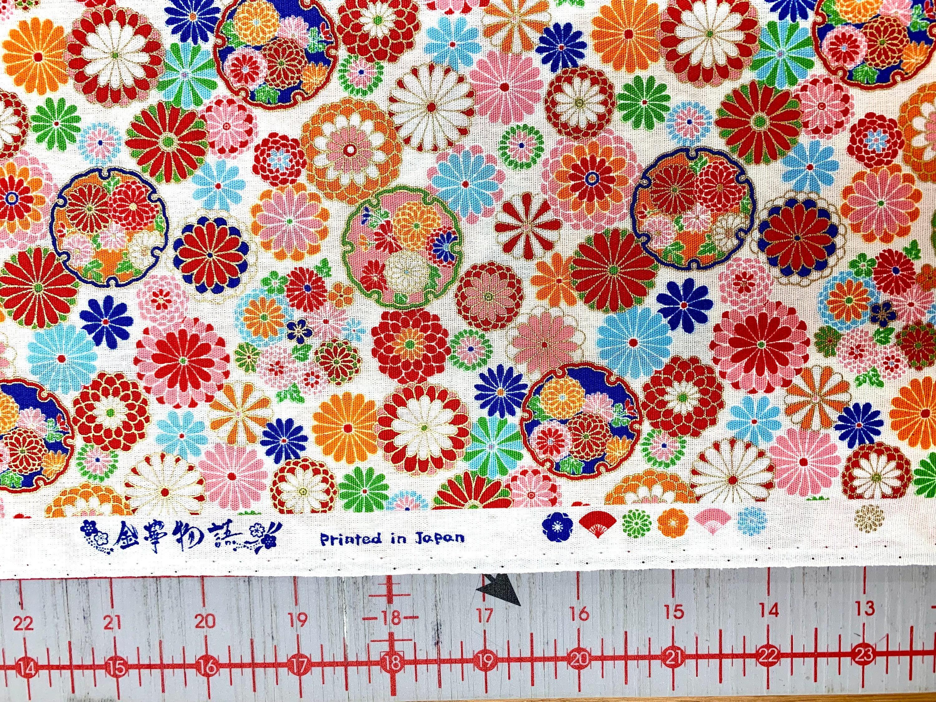 Senyo - Golden Flower Story Chrysanthemums Cotton Fabric - Pink Orange White