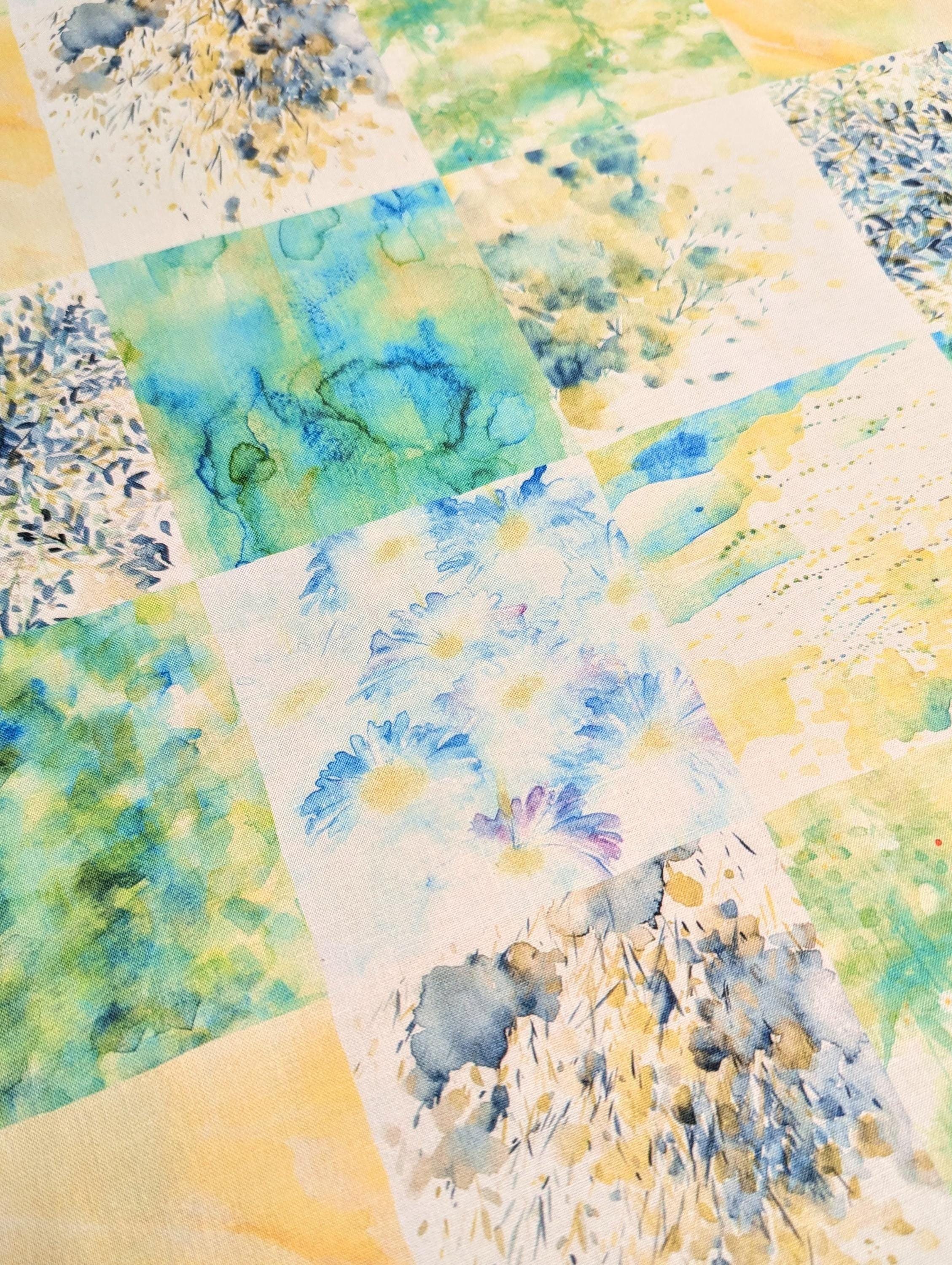 Kokka - Watercolor Flower Squares Cotton Fabric - Blue Green Yellow