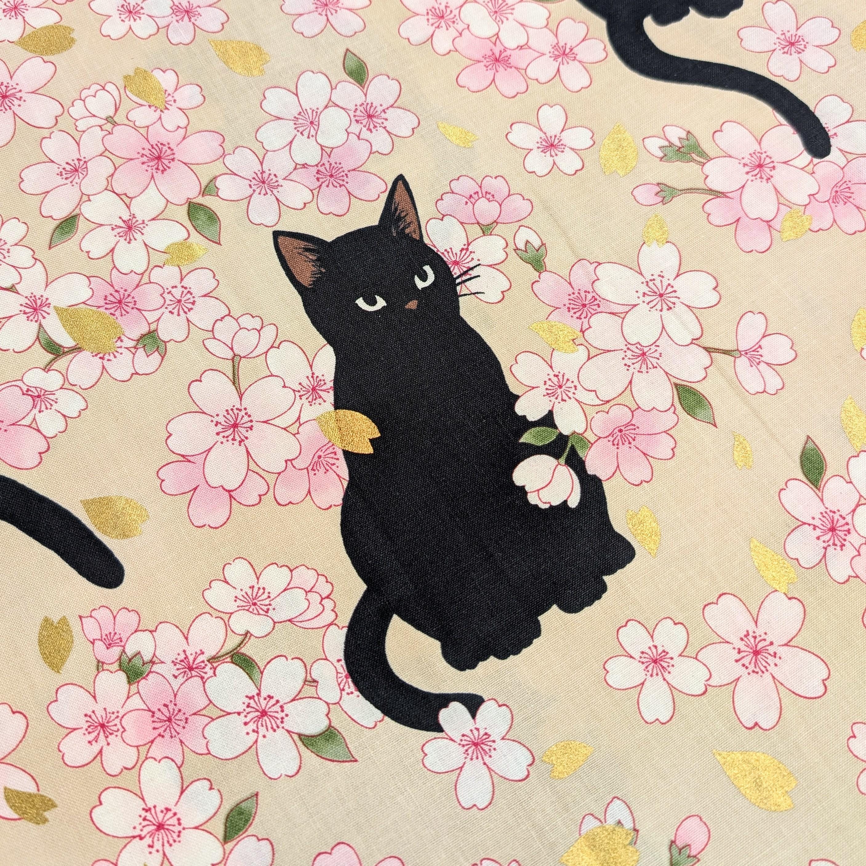 QuiltGate - Hyakka Ryoran Black Cats and Cherry Blossoms Cotton Fabric - Beige
