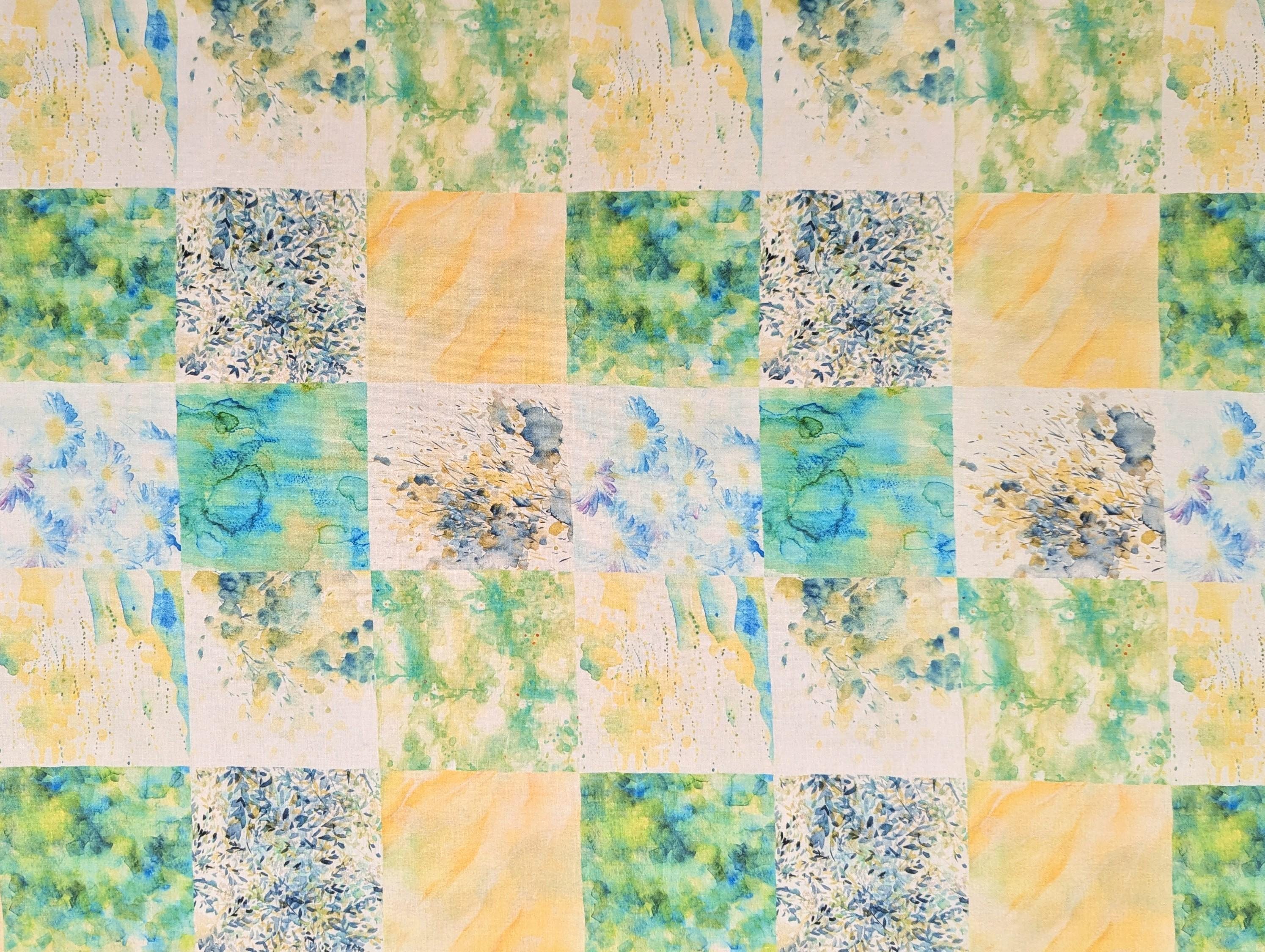 Kokka - Watercolor Flower Squares Cotton Fabric - Blue Green Yellow