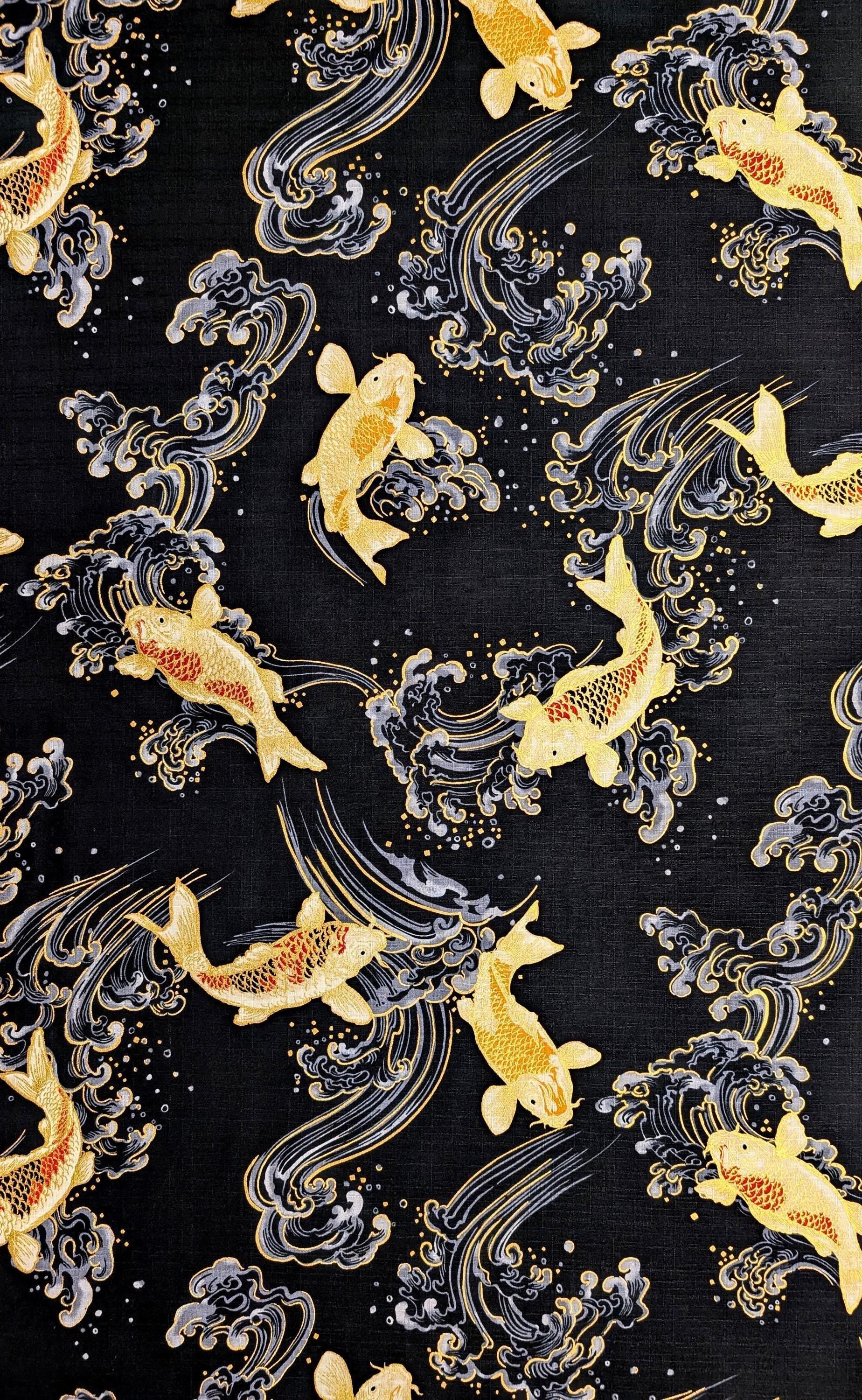 Swimming Golden Koi Hokkoh Japanese cotton dobby fabric 1025-100-2 E black