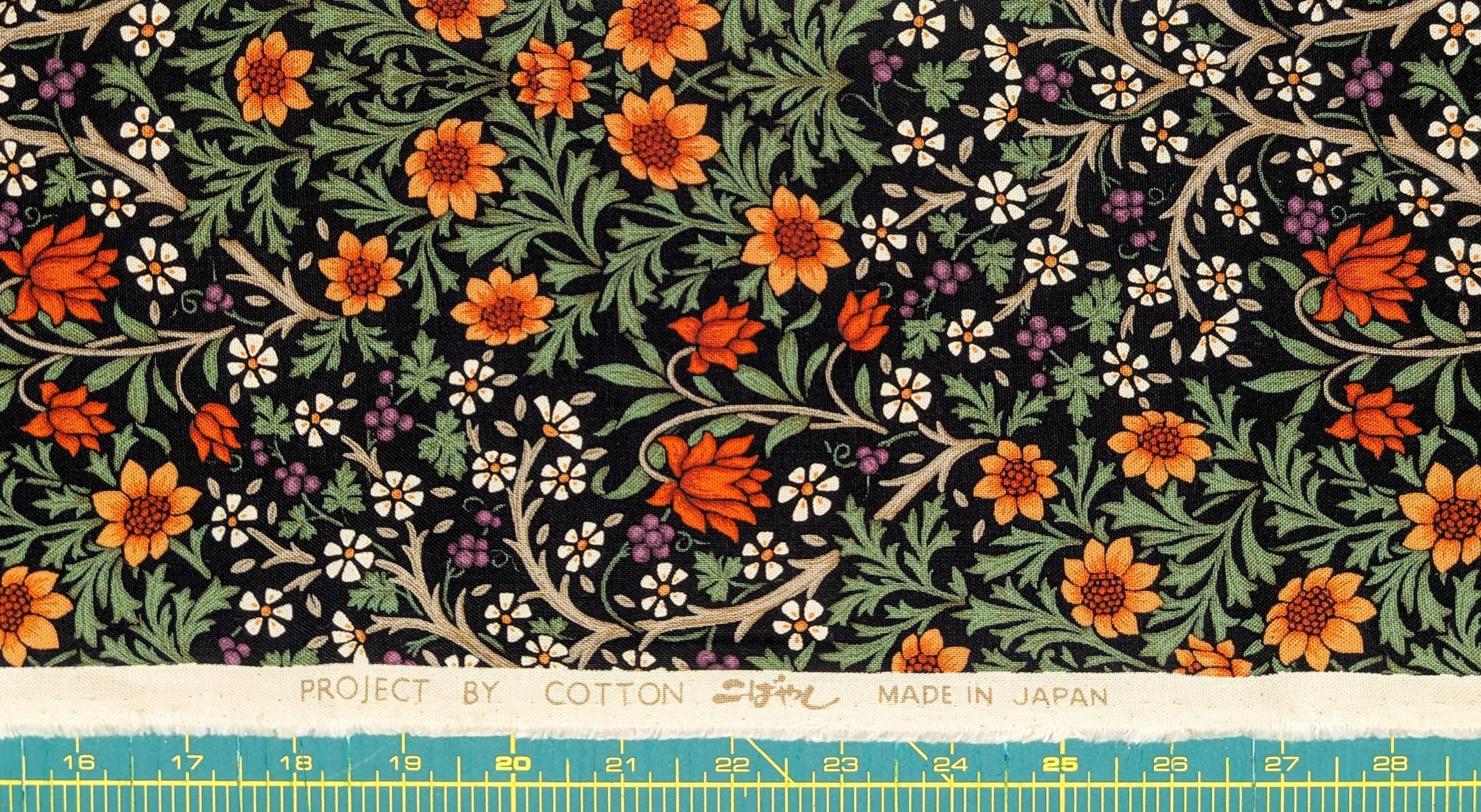 Morris Flower Fields Kobayashi Japanese cotton oxford canvas fabric KTS-6994 B black & green
