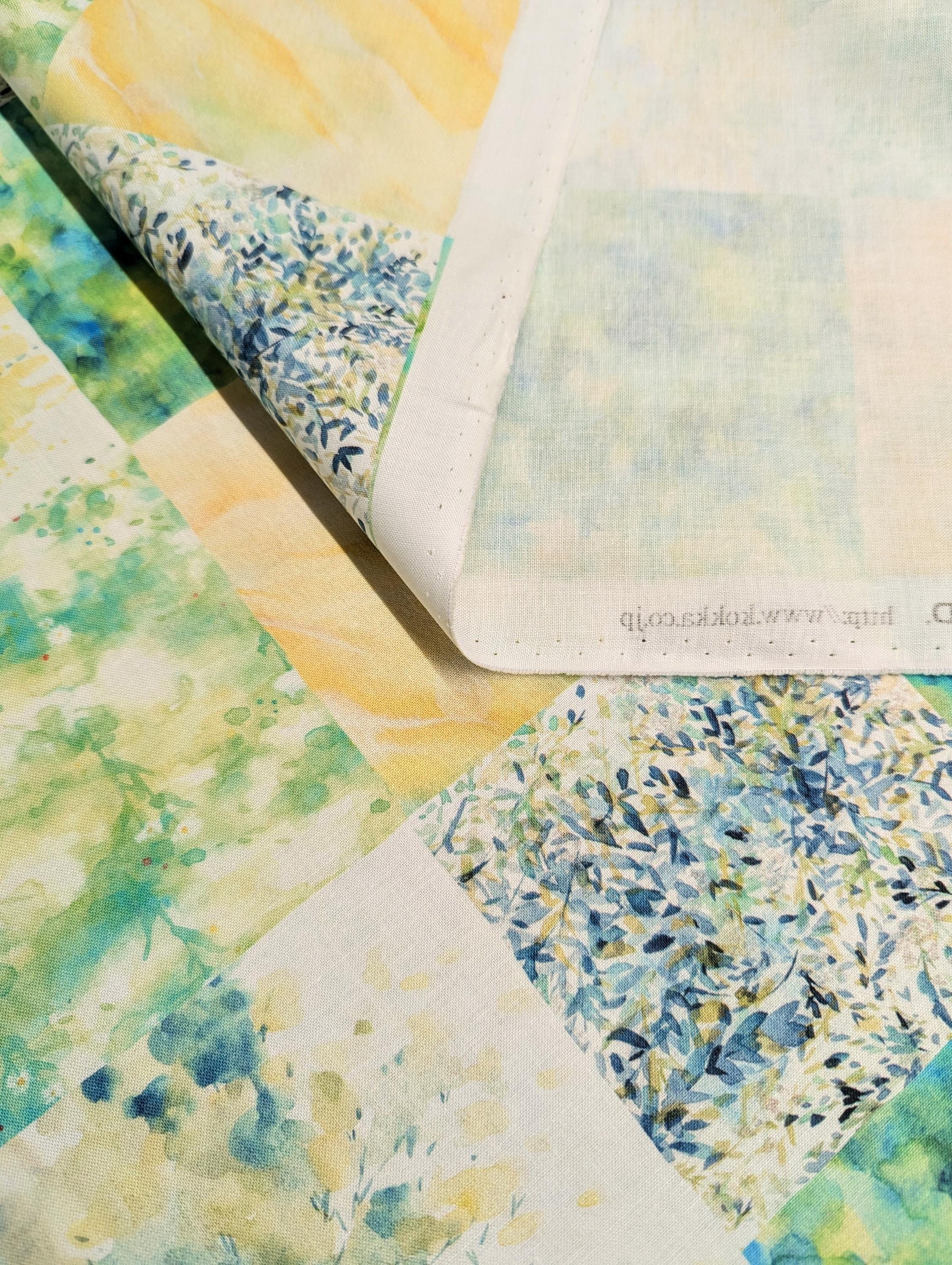 Kokka - Watercolor Flower Squares Cotton Fabric - Blue Green Yellow
