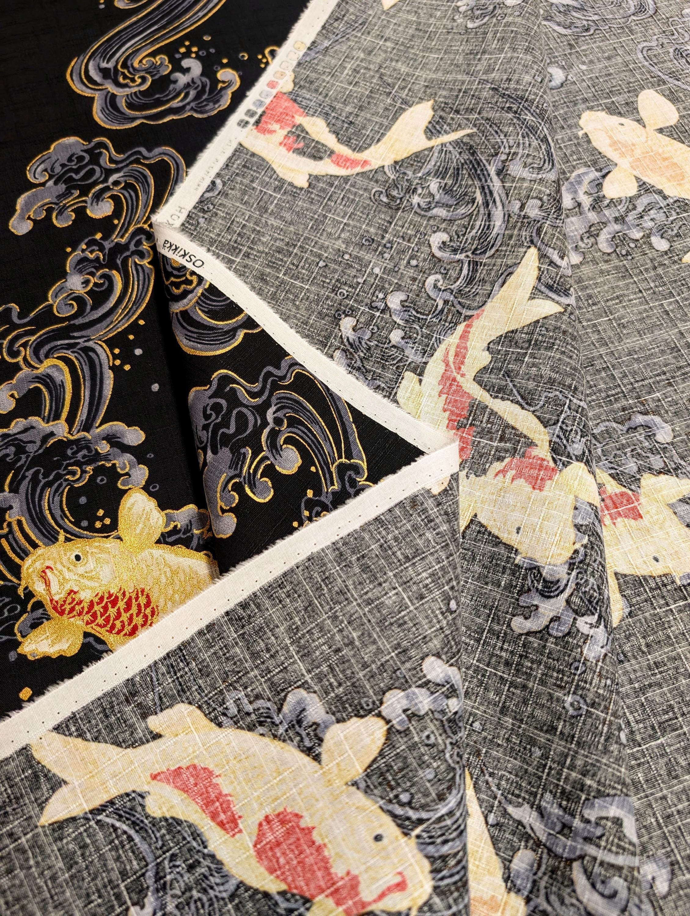 Swimming Golden Koi Hokkoh Japanese cotton dobby fabric 1025-100-2 E black