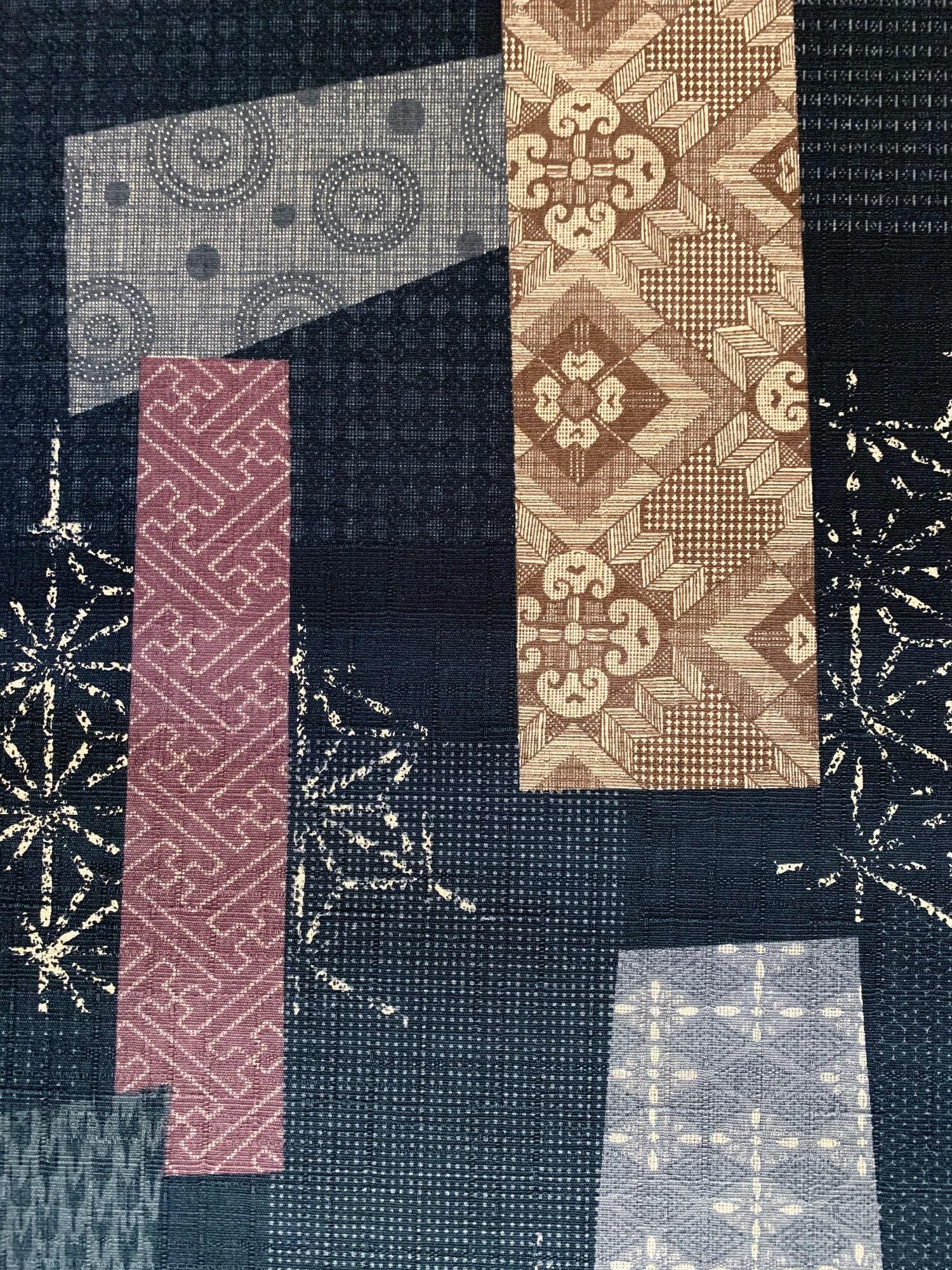 Morikiku - Boro Patchwork Print Cotton Dobby - Black Brown
