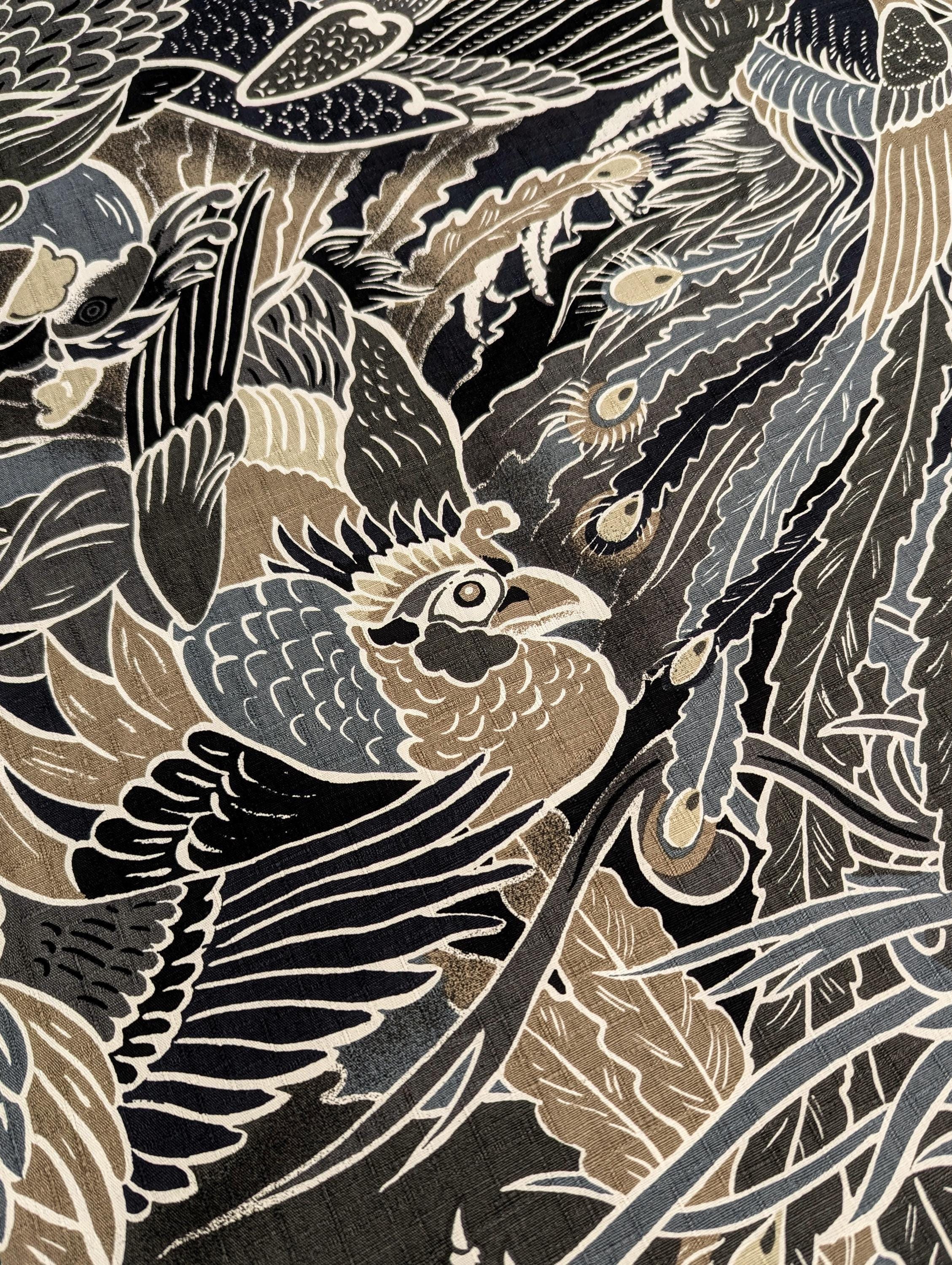 Kobayashi - Rising Phoenixes Cotton Dobby - Beige and Black