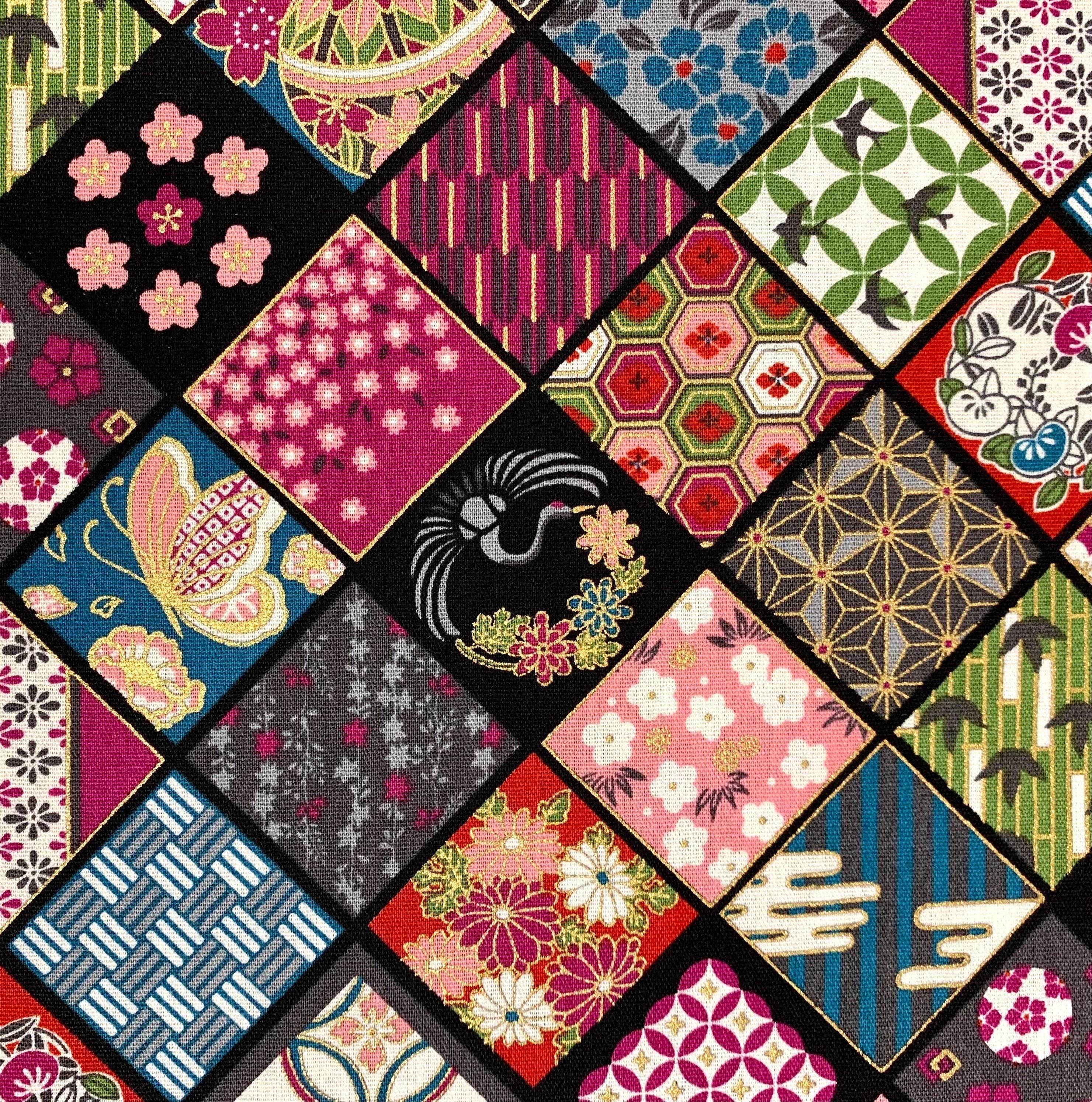 Senyo - Golden Flower Story Cotton Fabric - Magenta Black
