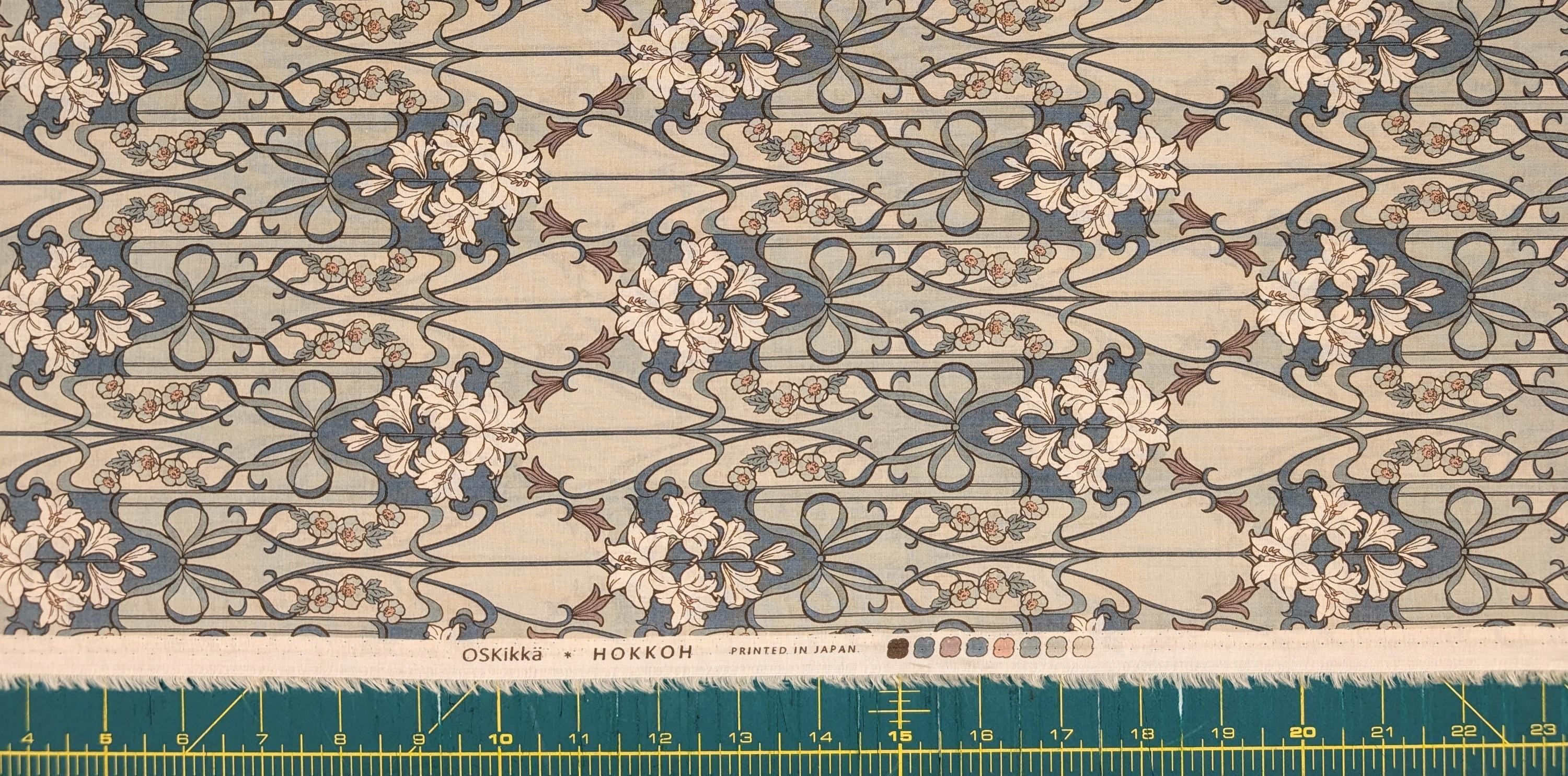 Hokkoh - Nouveau Flower Filigree Cotton Lawn - Light Blue and Beige
