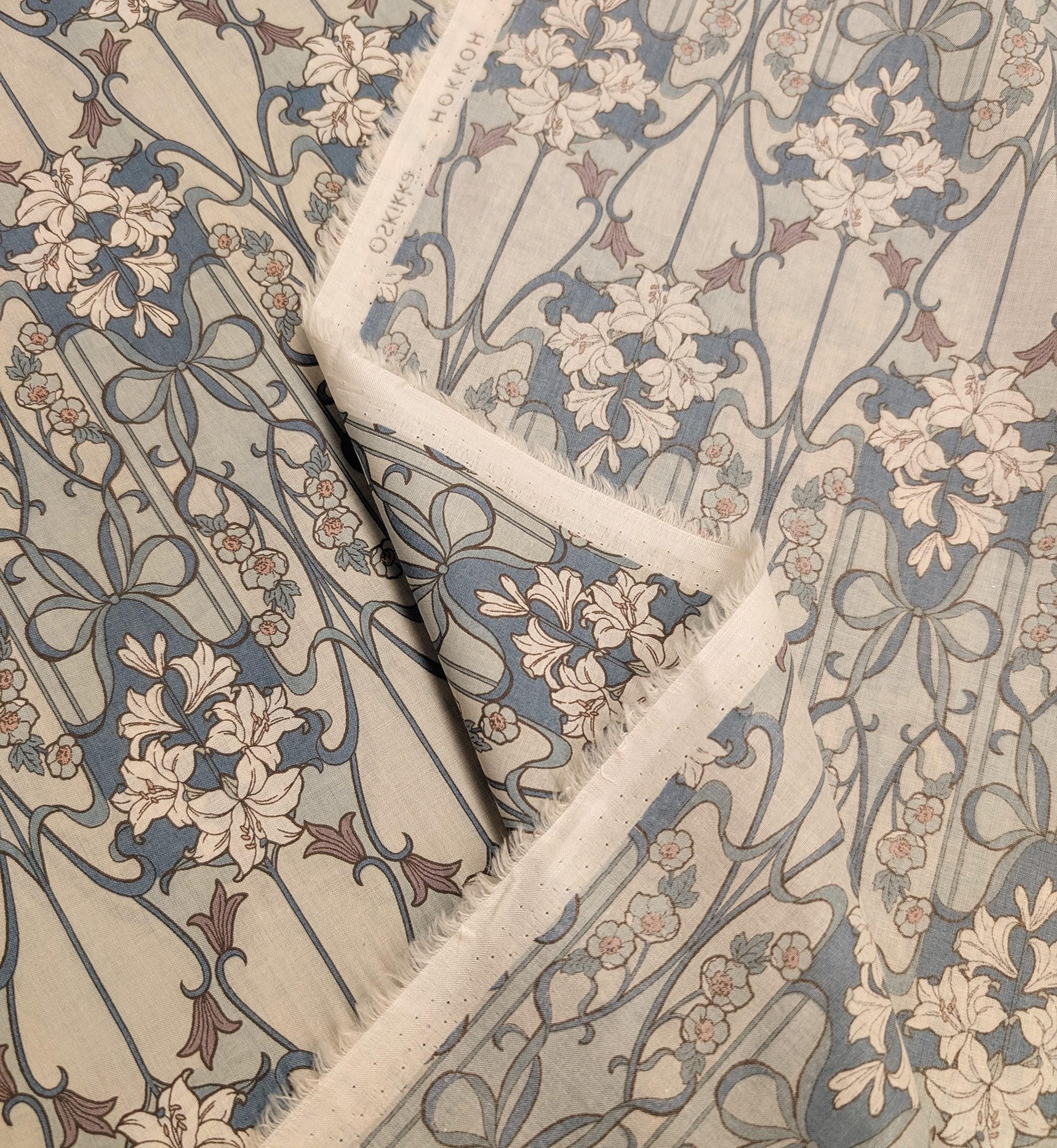 Hokkoh - Nouveau Flower Filigree Cotton Lawn - Light Blue and Beige