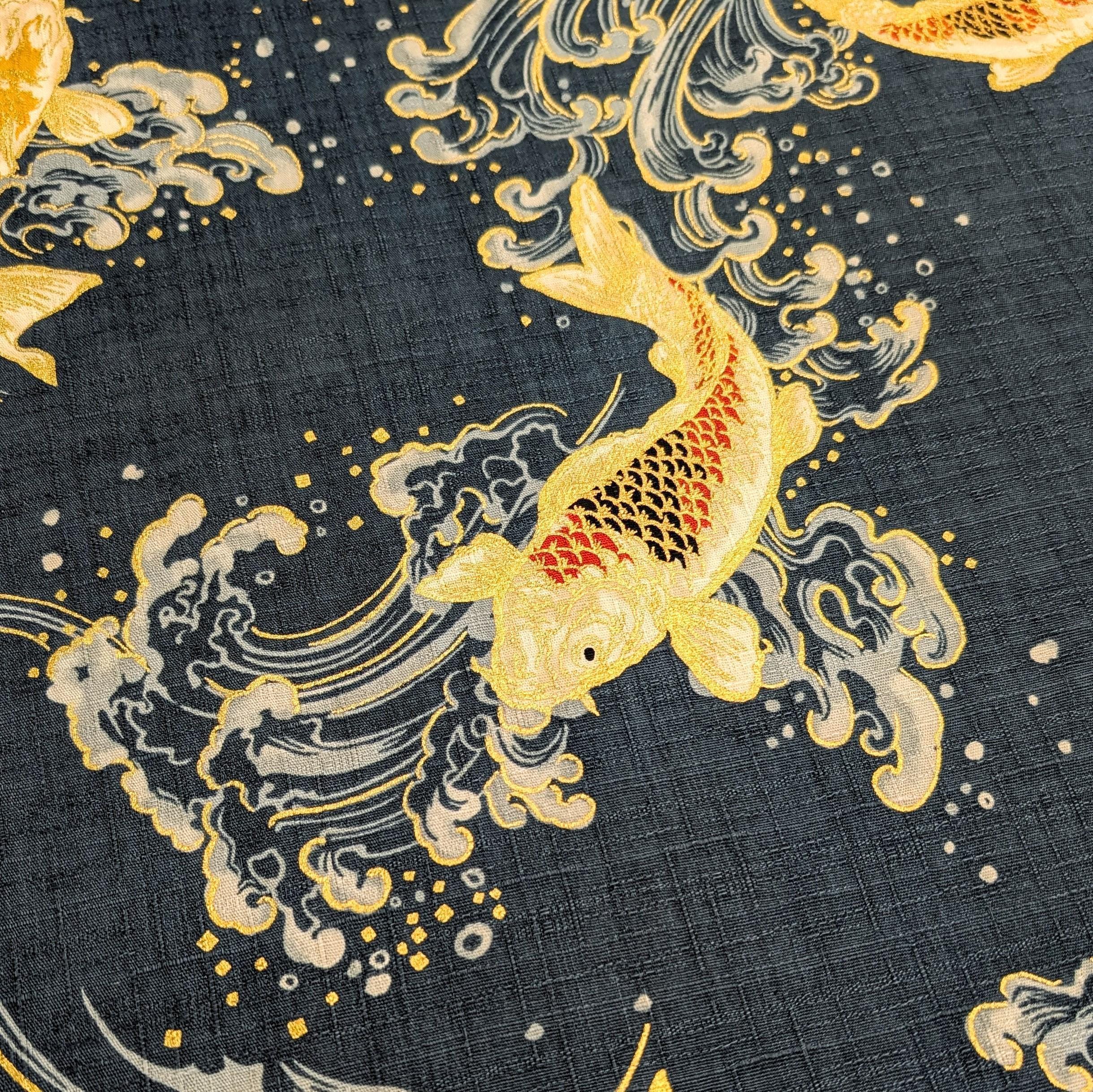 Swimming Golden Koi Hokkoh Japanese cotton dobby fabric 1025-100-2 C teal