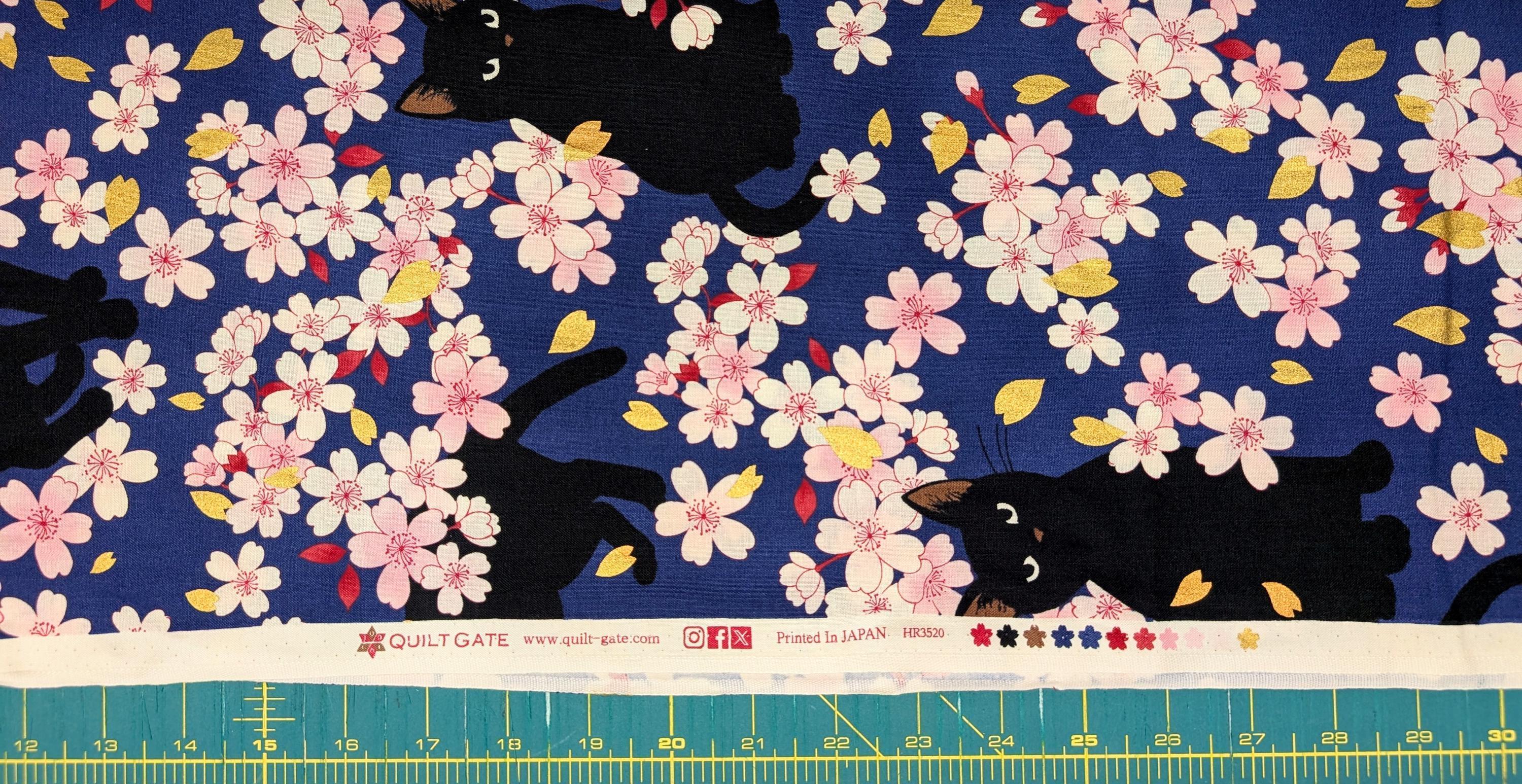 QuiltGate - Hyakka Ryoran Black Cats and Cherry Blossoms Cotton Fabric - Navy Blue