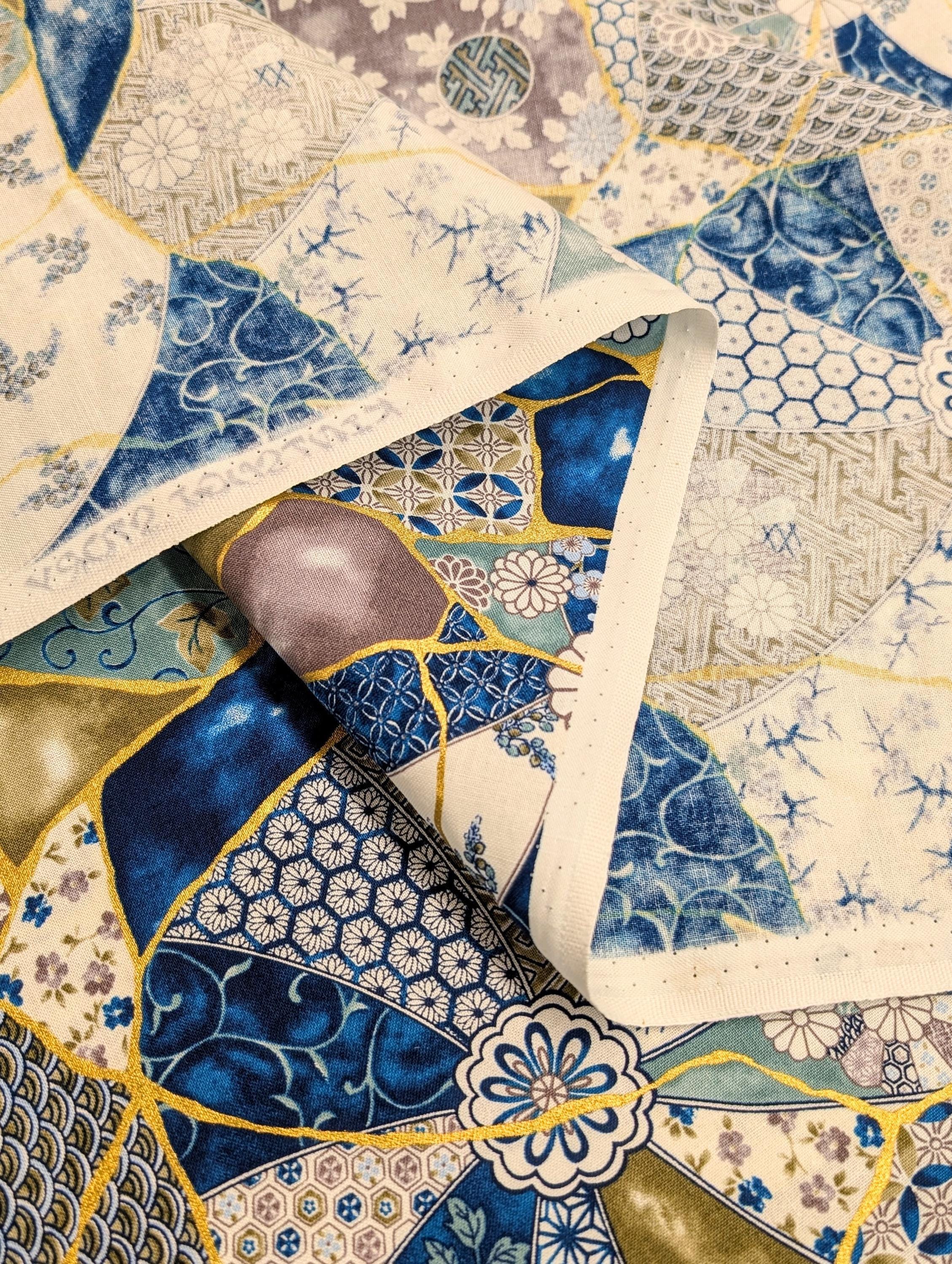 Senyo - Patterned Kintsugi Collage Cotton Fabric - Blue Gray White