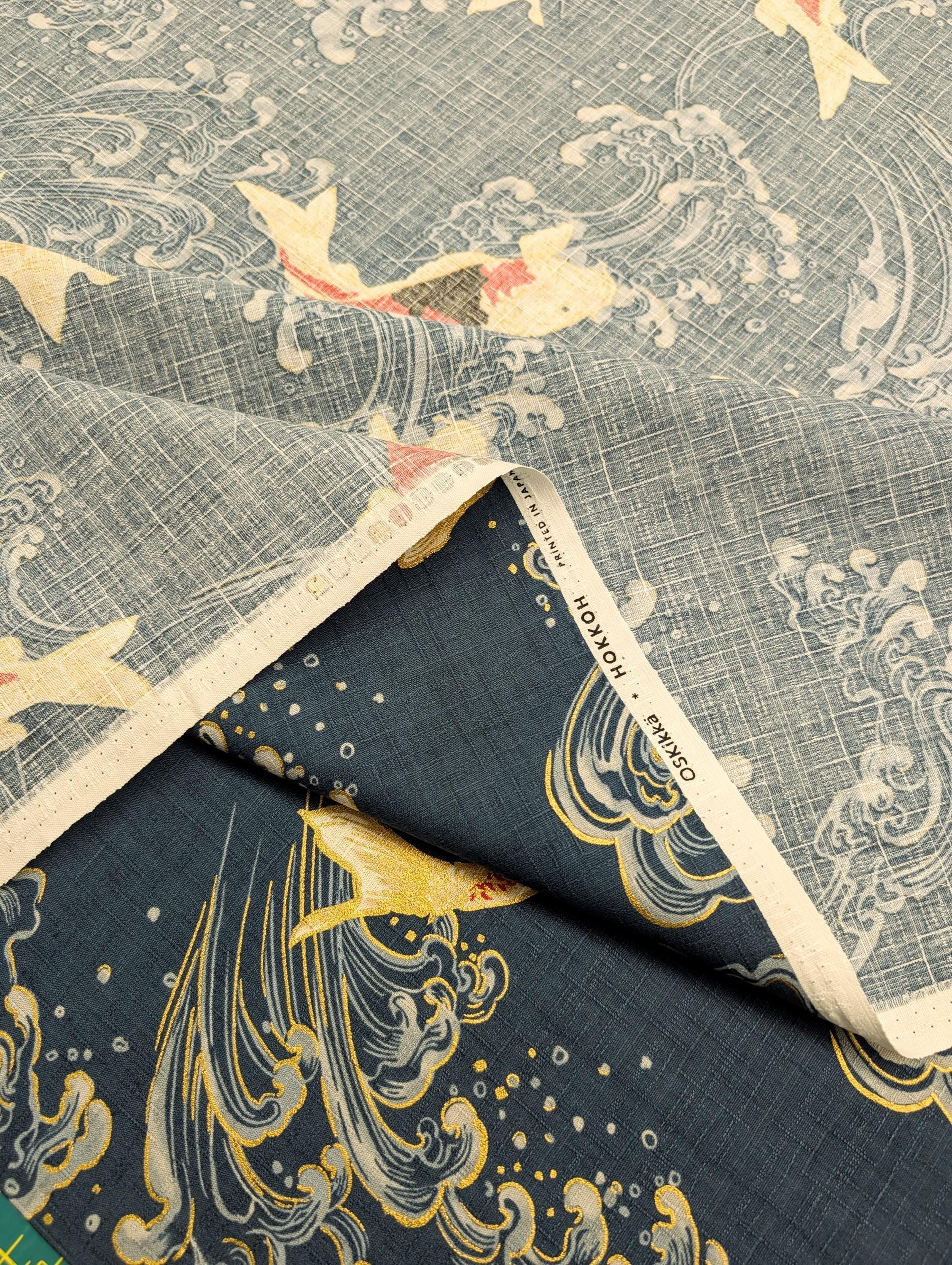 Swimming Golden Koi Hokkoh Japanese cotton dobby fabric 1025-100-2 C teal