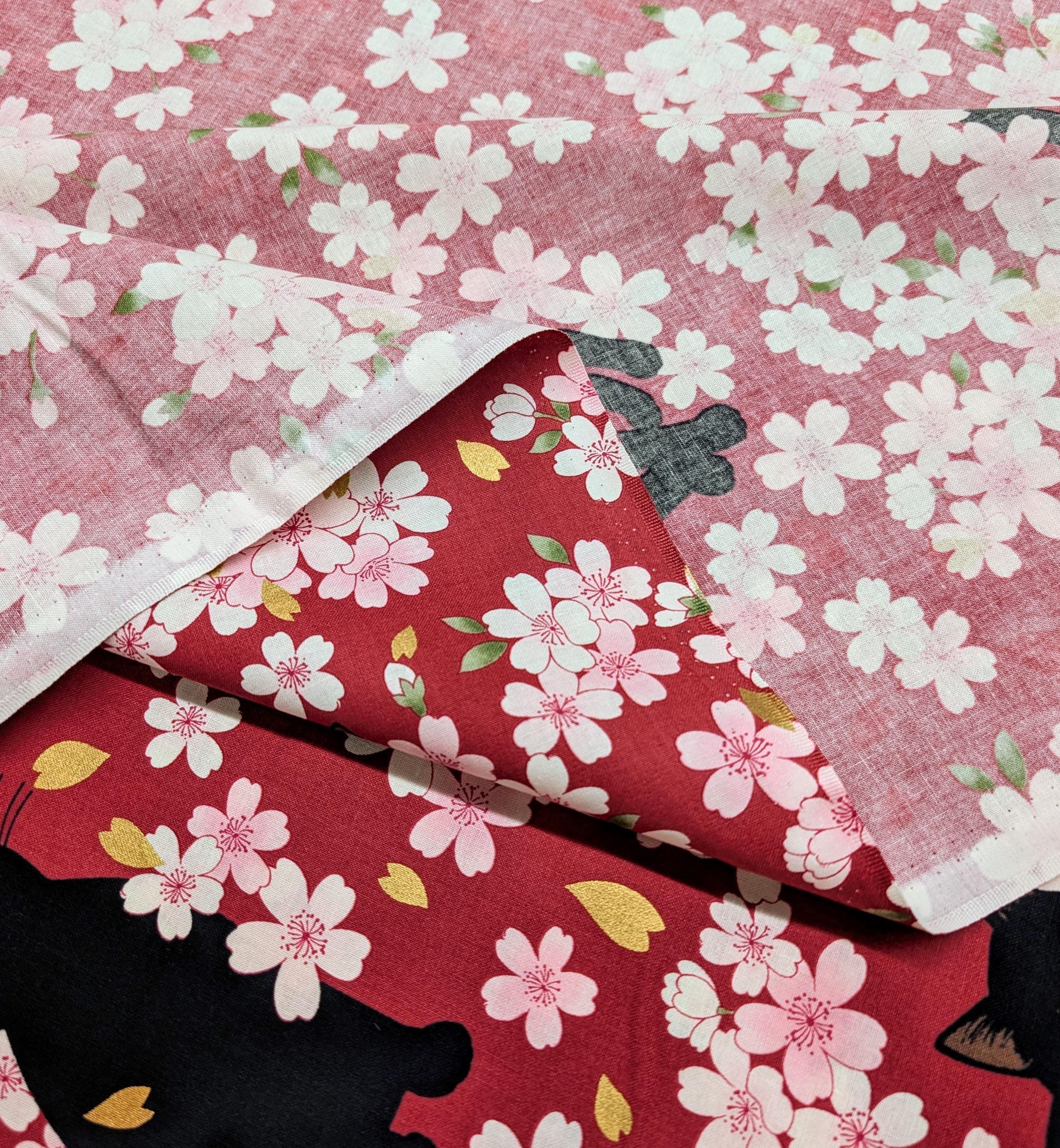 QuiltGate - Hyakka Ryoran Black Cats and Cherry Blossoms Cotton Fabric - Red