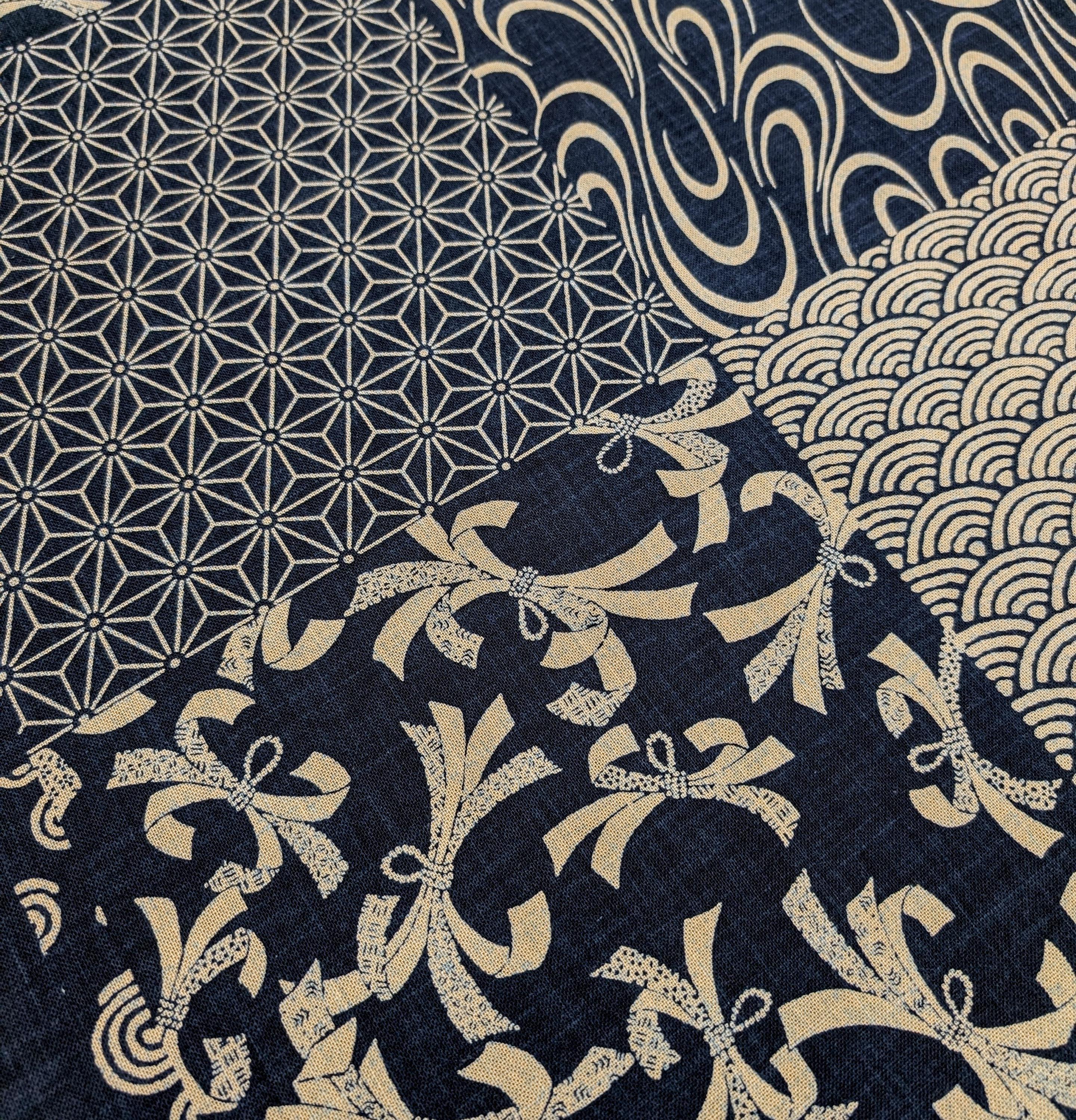 Kurenai - Traditional Blocks Hand Stenciled Cotton Fabric - Dar Blue and Beige