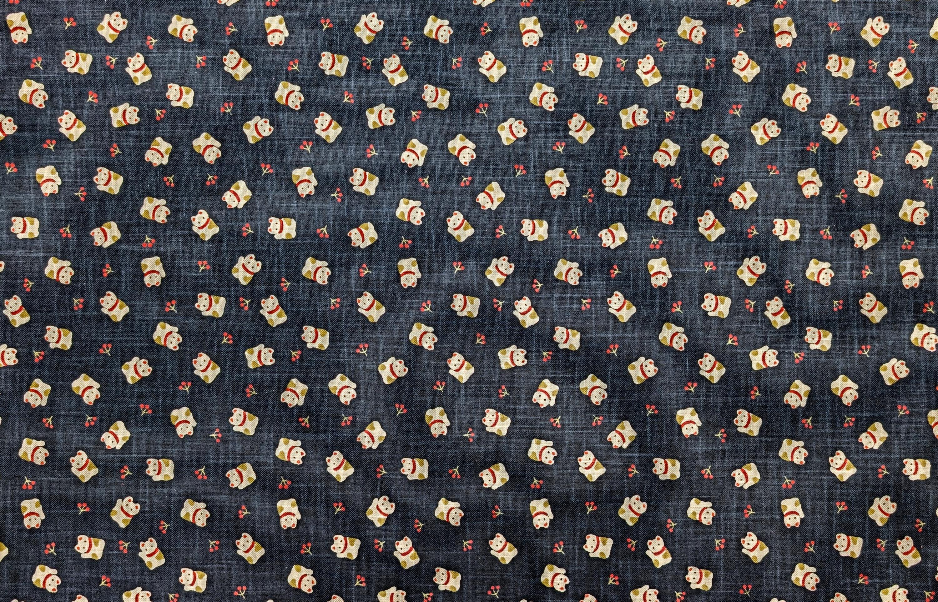 Tiny Lucky cats hand stenciled Japanese cotton fabric KP7090-110 A - half yard