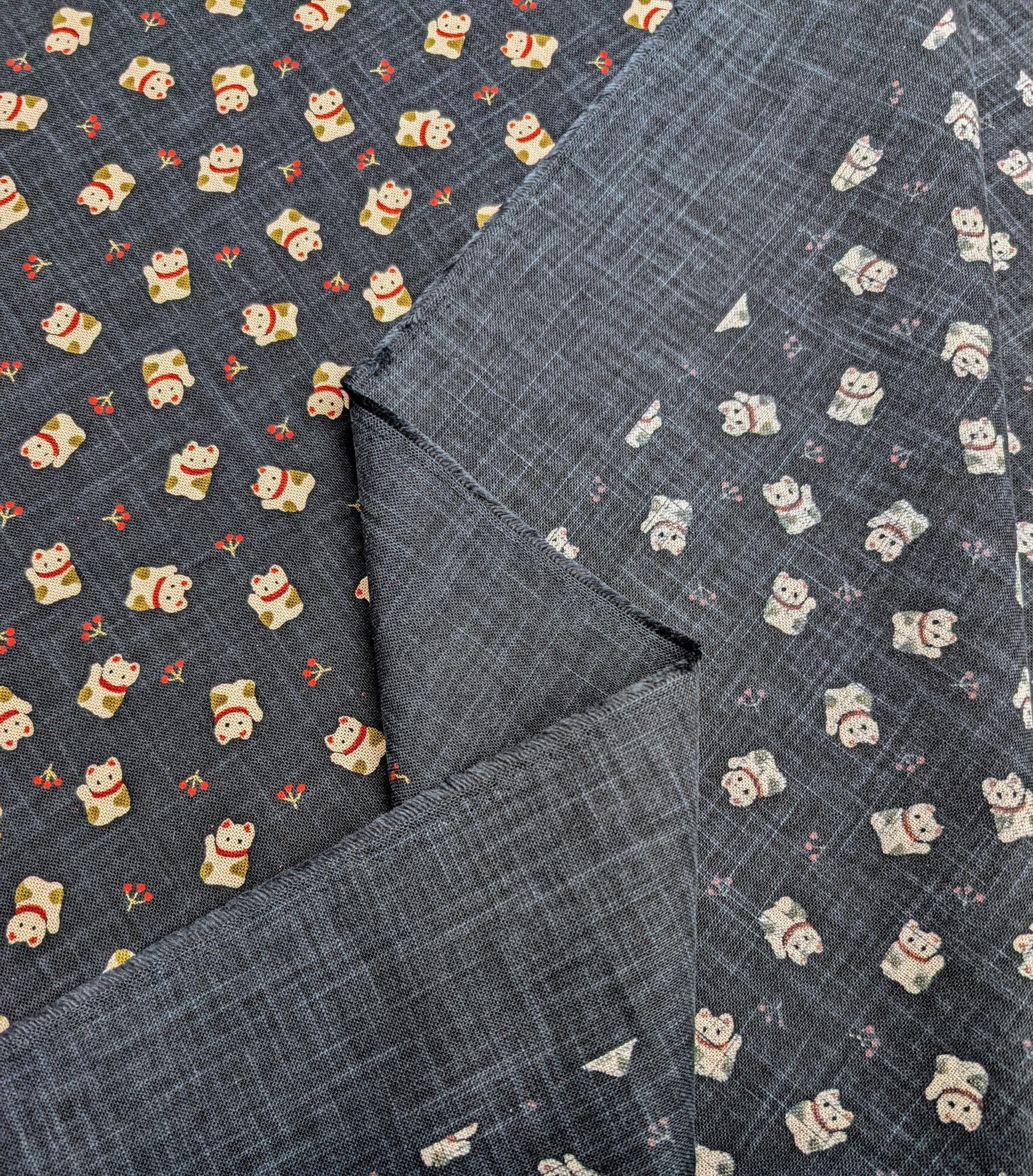 Tiny Lucky cats hand stenciled Japanese cotton fabric KP7090-110 A - half yard