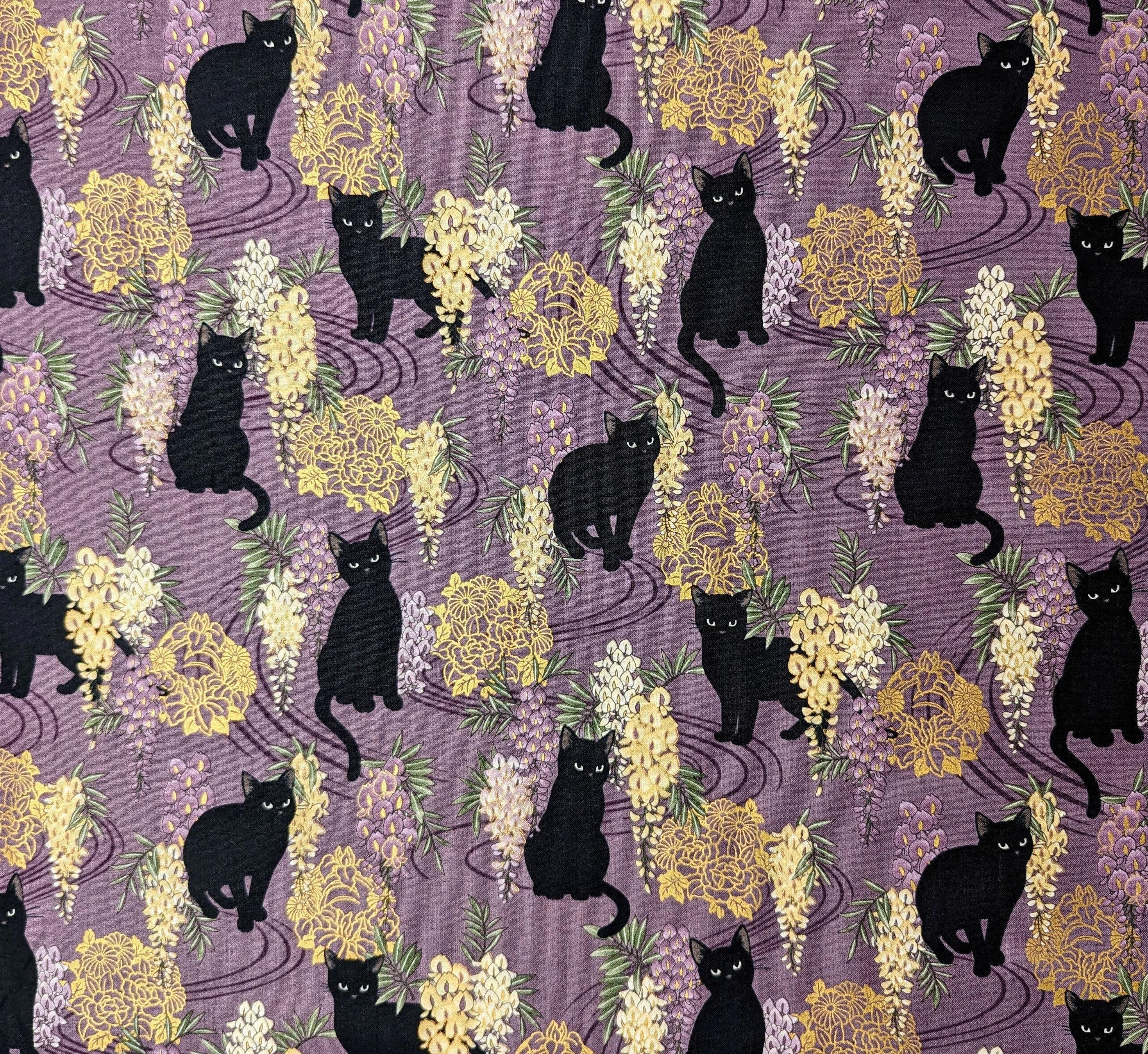 QuiltGate - Hyakka Ryoran Cats and Wisteria Cotton Fabric - Purple