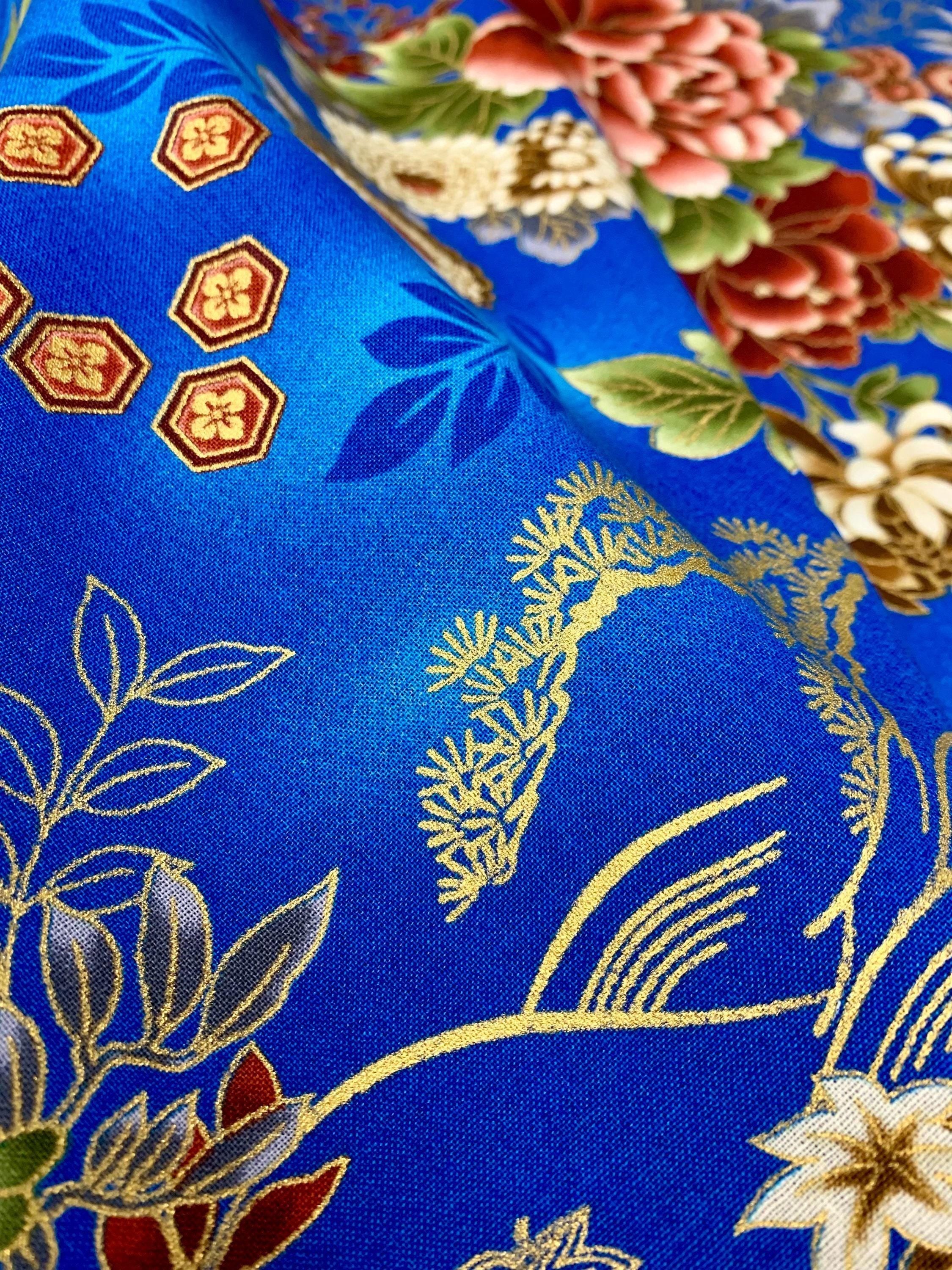Orimono Imports - Honeycomb Florals Cotton Fabric - Blue Gold