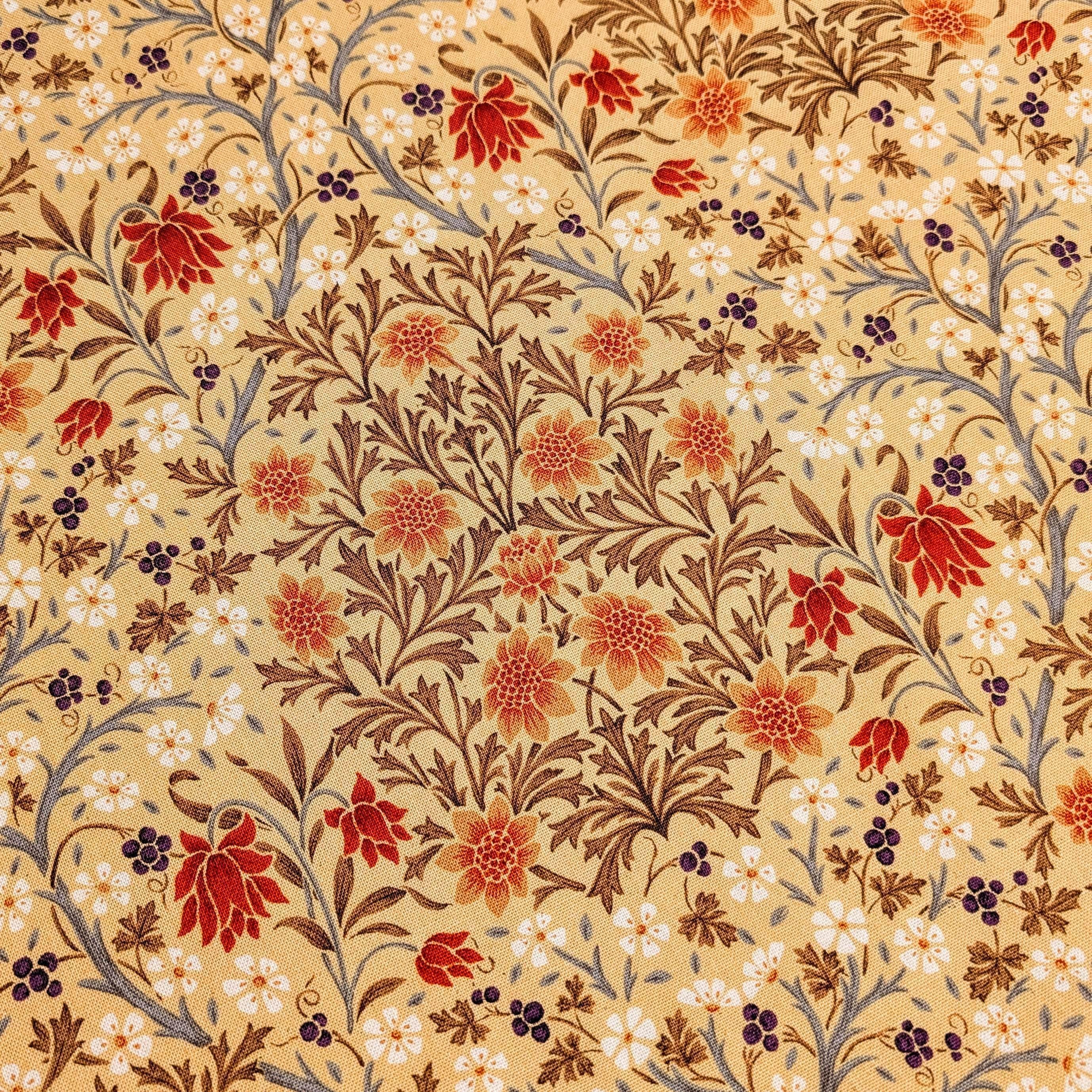 Morris Flower Fields Kobayashi Japanese cotton oxford canvas fabric KTS-6994 A beige & orange